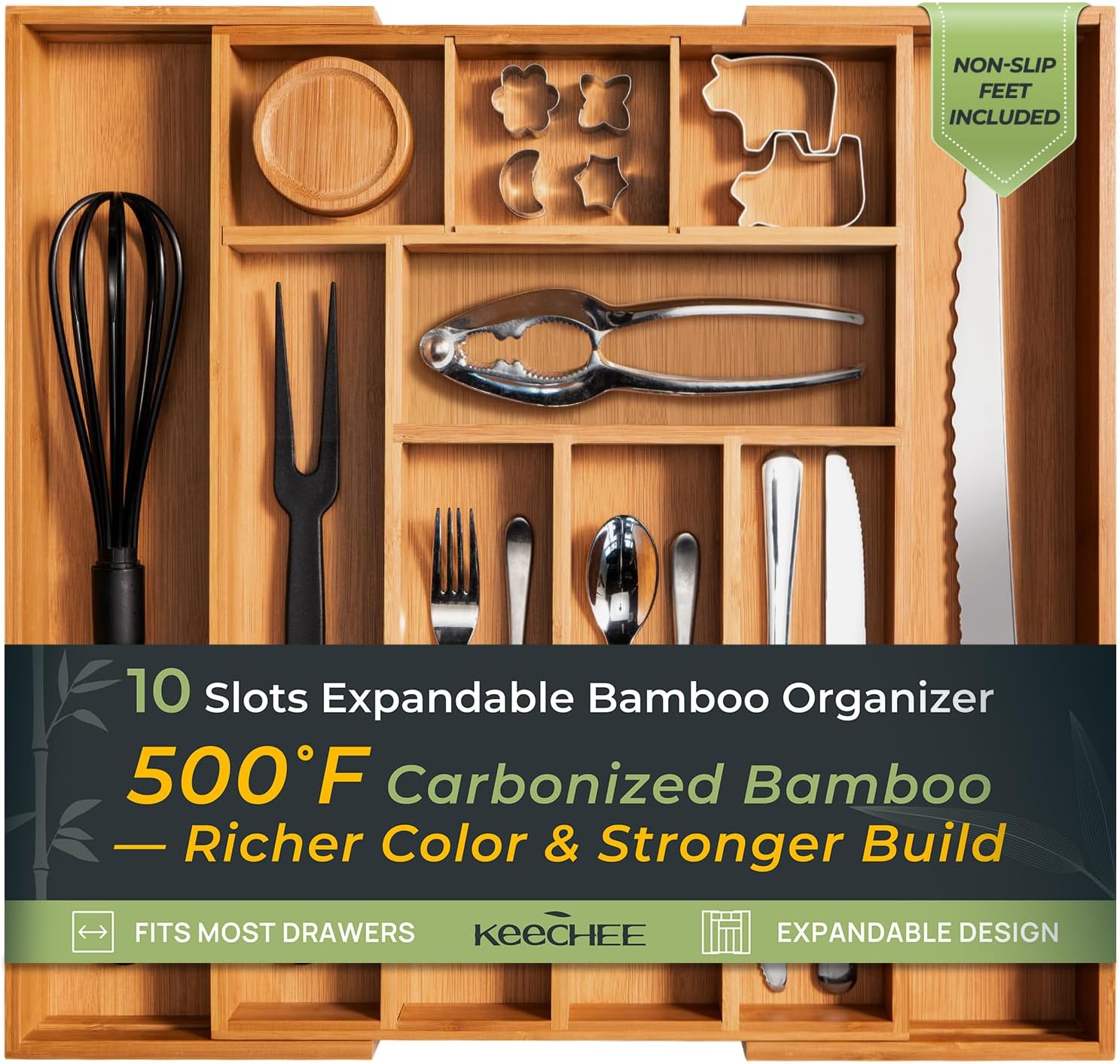 keechee Carbonized Bamboo Kitchen Drawer Organizer, 10 Slots Expandable Silverware Organizer, Utensil Holder & Cutlery Tray, 2.2″ Deep for Extra Capacity, Non-Slip Feet Included