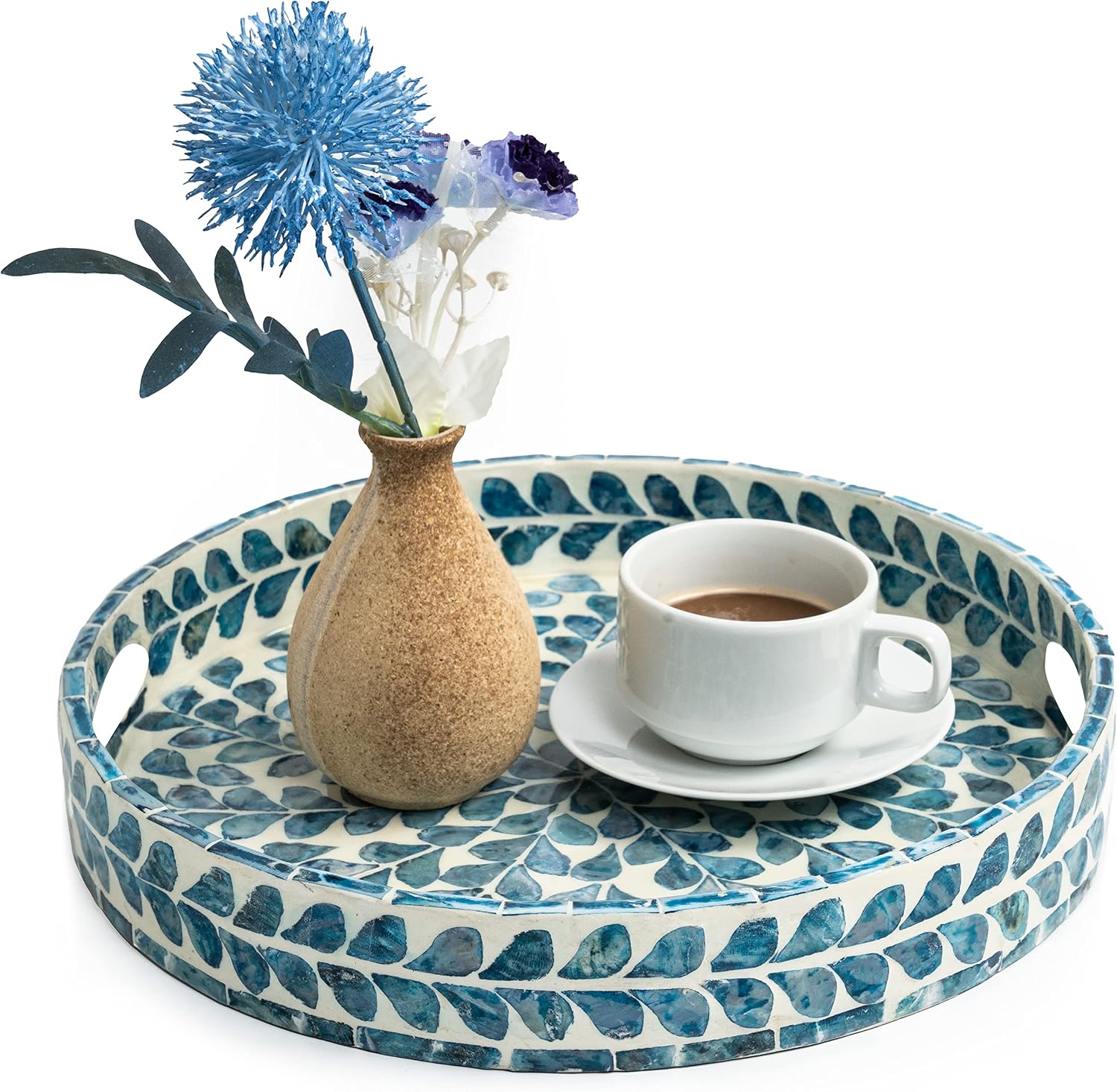 Serving Tray 12.5 Inch, Lacquer Mother of Pearl Inlay Mosaic Tray, Round Wooden Marble Tray with Handles Trays for Tea, Breakfast (Leaf Style)