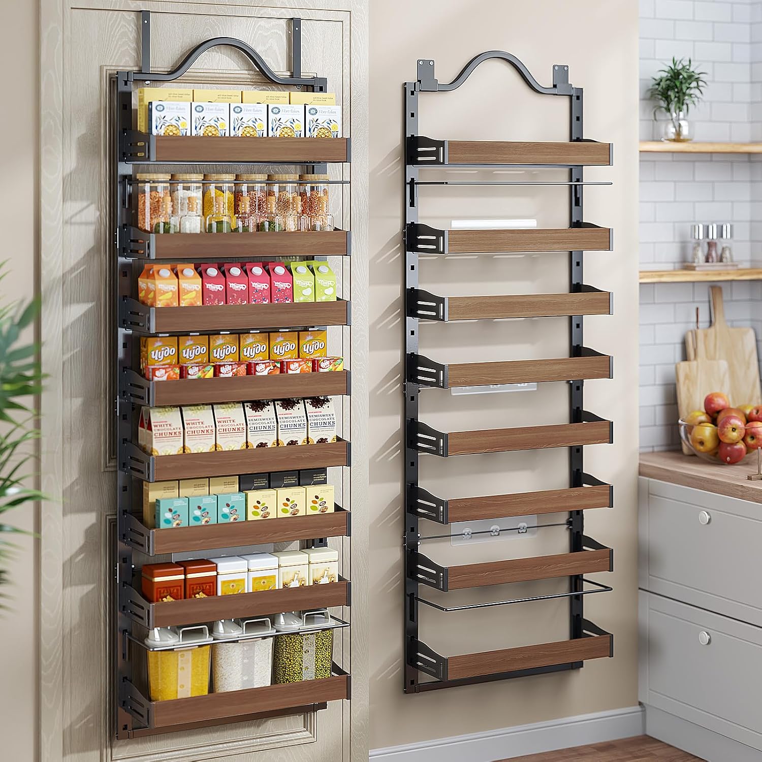 8-Tier Pantry Door Organizer, Over the Door Pantry Organizer with Wooden Adjustable Baskets, 2 IN 1 Spice Rack Wall Mount or Door Organizer, Door Spice Rack for Pantry（72.6×17.1×5.1in,Black)