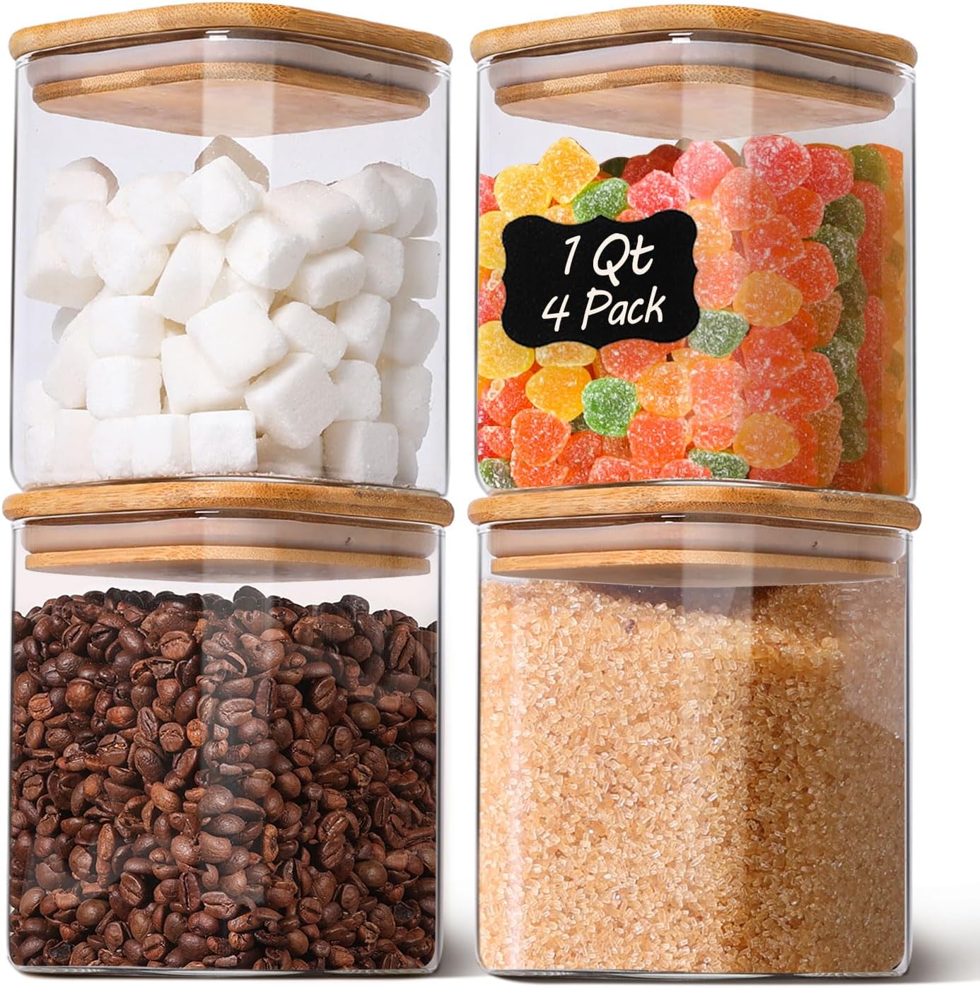 1Qt Airtight Glass Canisters with Bamboo Lid, Square Pantry Storage Containers for Coffee, Cookie, Candy, Snack, Nuts, Dry Goods – Kitchen & Pantry Organizers and Storage Containers 4 pack