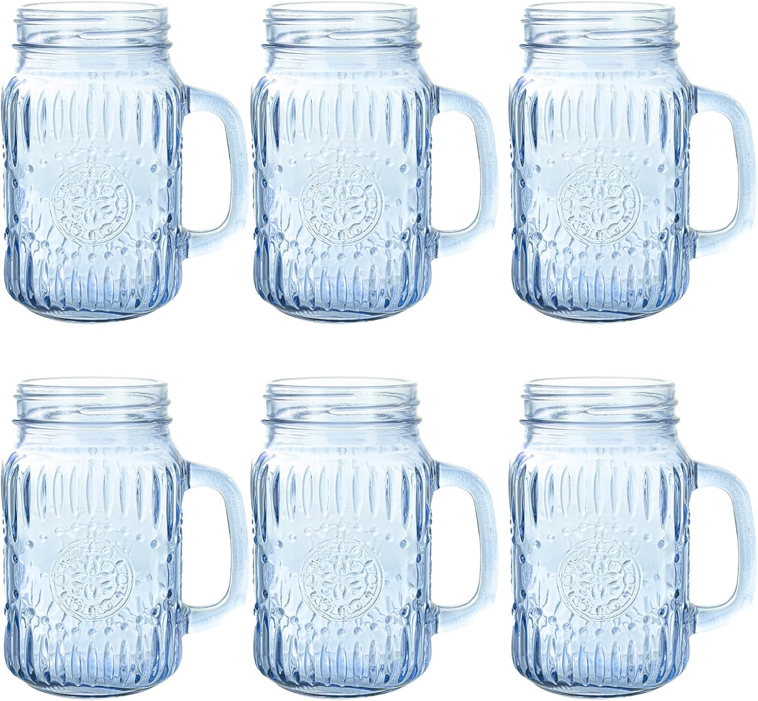 SUT Mason Jar Drinking Glasses with Handle, 6 Pack, 16 Oz Vintage Embossed Blue Mason Jar Cups for Iced Coffee, Juice, Tea and Beer