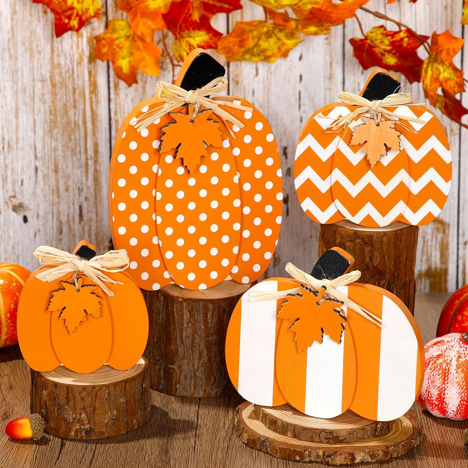 Yalikop 4 Pcs Thanksgiving Wooden Pumpkin Decor 3D Pumpkin Tabletop Signs Farmhouse Thanksgiving Fall Standing Table Centerpieces Rustic Tiered Tray Decor for Home Kitchen Party(Orange and White)