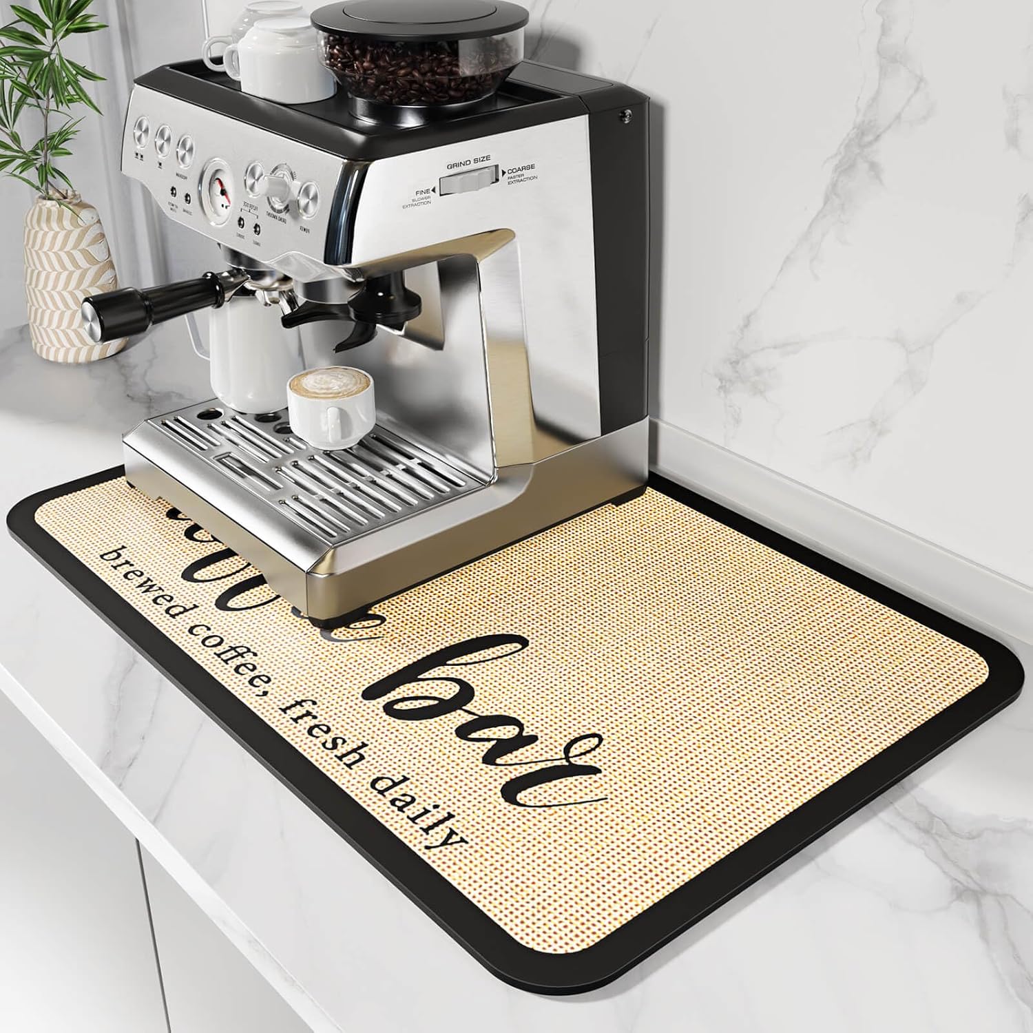 DK177 Coffee Mat – Dish Drying Mat for Kitchen Counter, Hide Stain, Absorbent with Waterproof Rubber Backing, Fit Kitchen Dish Rack Bar Accessories (Coffee Bar, 19″ x 12″)