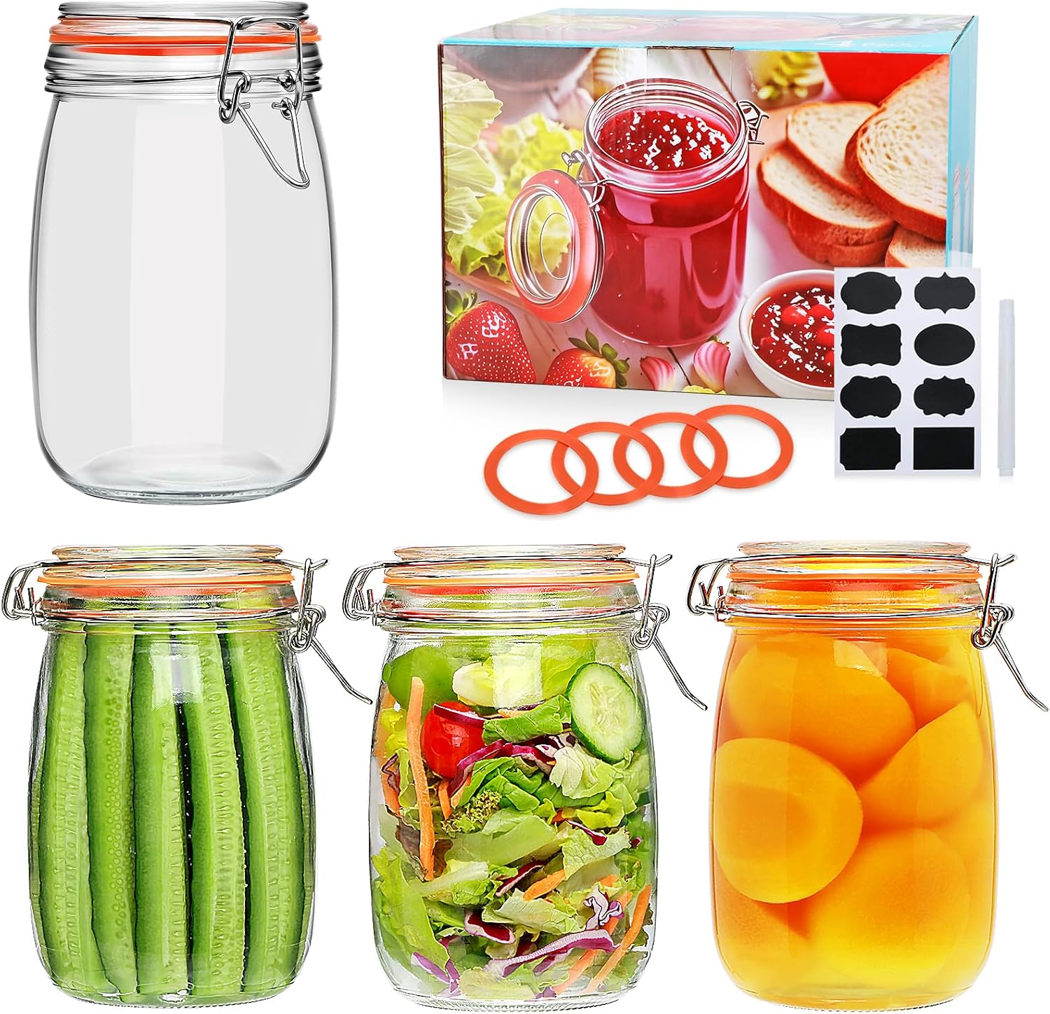 32 oz Wide Mouth Mason Jars with Airtight Hinged Lids, Large Glass Jar with Lid for Pickling, Fermentation, Canning, Food Storage – Set of 4 Glass Storage Containers
