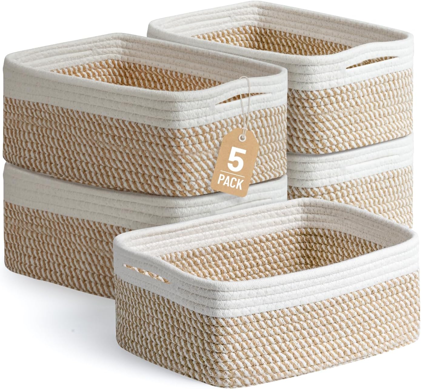 5 Pack Small Woven Storage Baskets for Shelves, Cotton Rope Baskets Organizer for Bathroom, Closet & Nursery, Decorative Storage Bins for Organizing Socks, Toys, 11.8″x7.9″x4.7″, Khaki/White