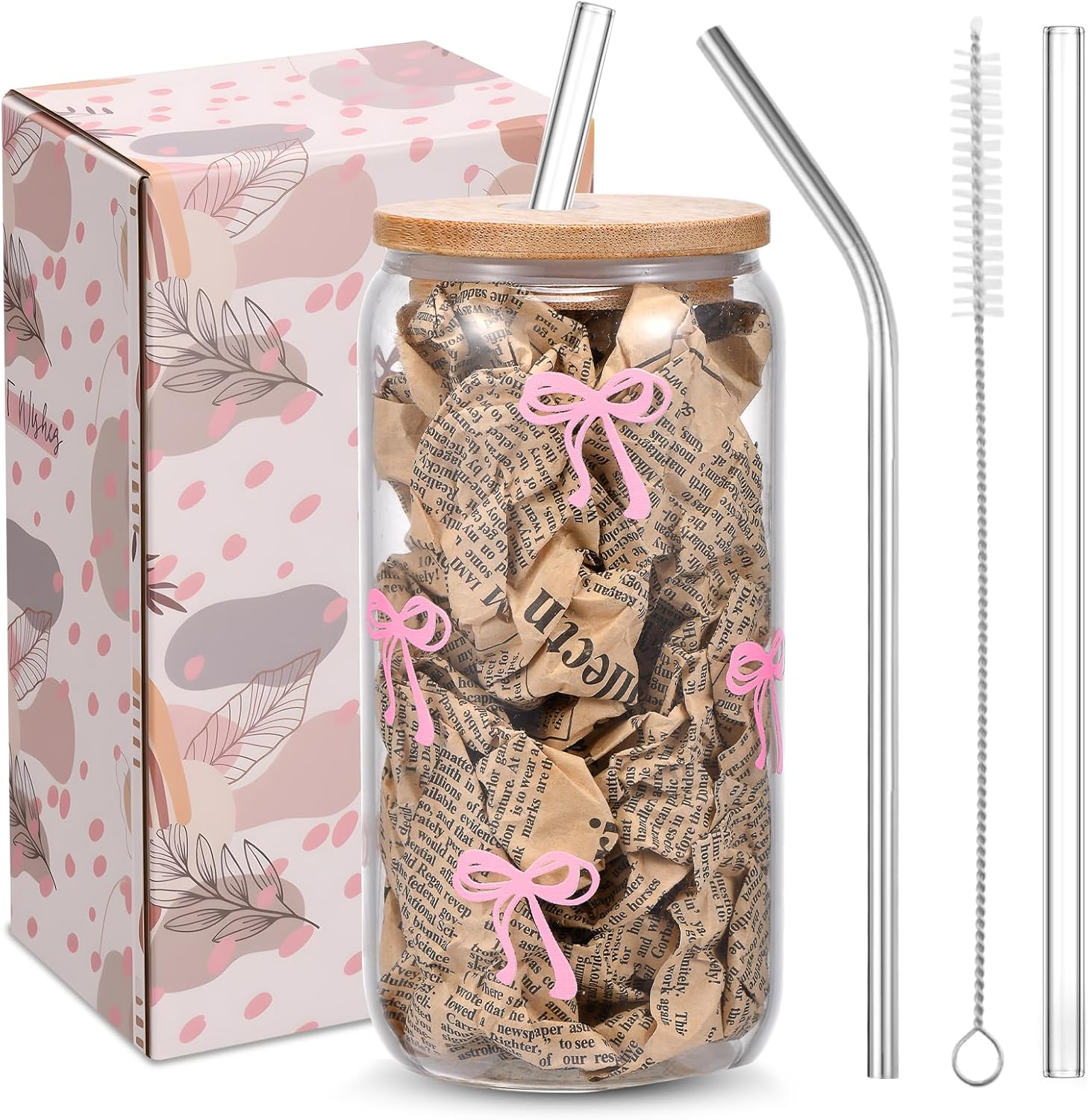 Cute Pink Bow Glass Cups with Lids & Straws, Aesthetic Iced Coffee Cup, Girly Preppy Design Tumbler Mug, Birthday Valentine Gifts for Women, Teen Girl Gifts Trendy Stuff