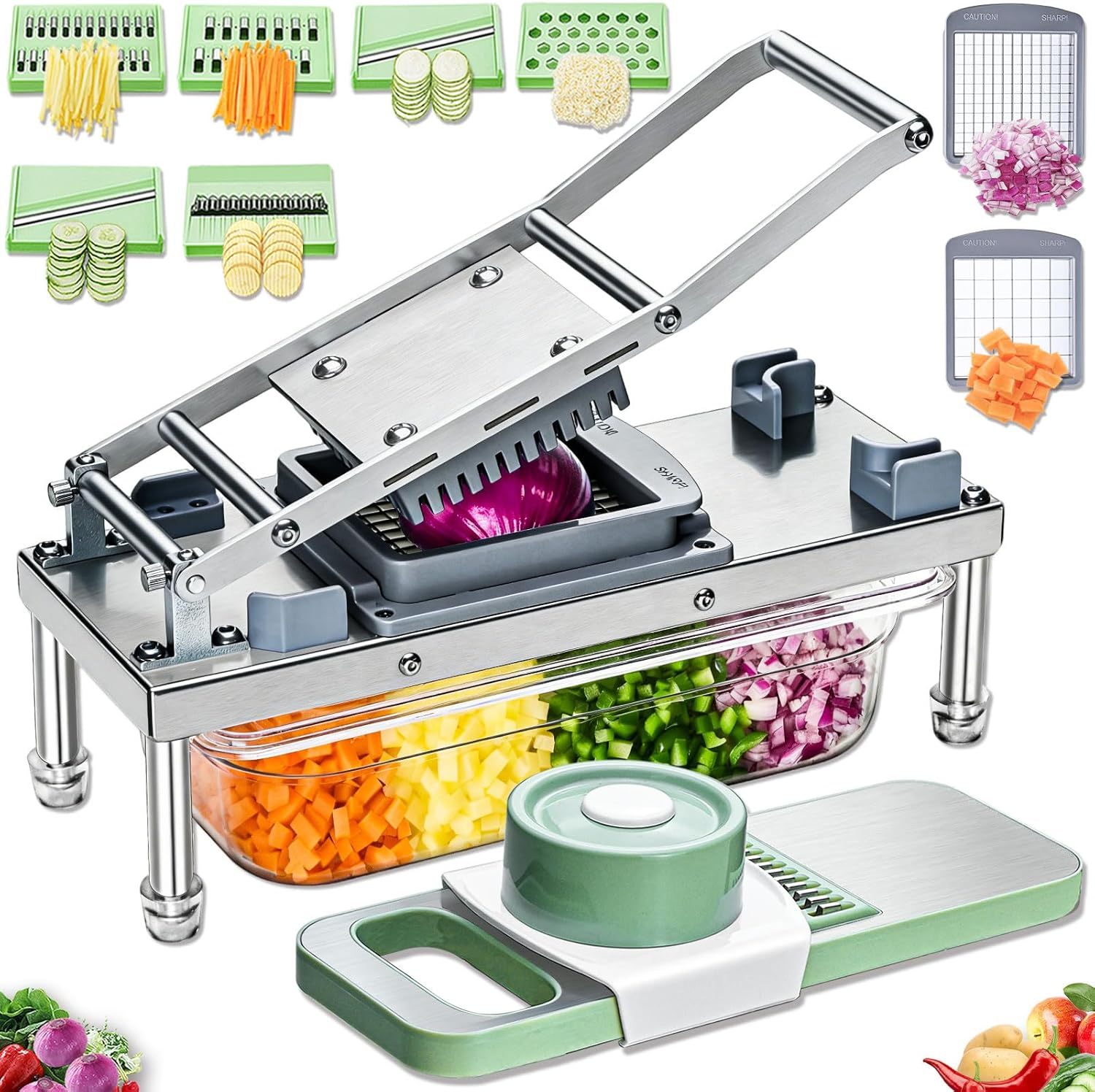 Vegetable Chopper Veggie Cutter Onion Dicer with Container 8 Blades | Stainless Steel Construction, Easy Cleaning, Safety Hand Guards, Blades are Sharp and Strong， 3x Leveraging