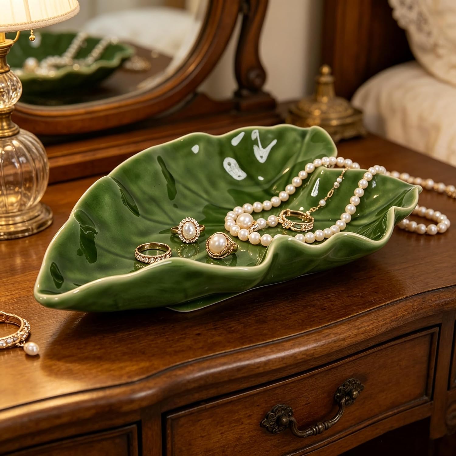 Green Ceramic Leaf Shaped Decorative Dish, 9.5″ x 6.7″ Multipurpose Tray for Jewelry, Soap, Snacks, Fruit, Boho Farmhouse Home Decor for Bathroom Vanity, Kitchen Counter, Entryway Table (Green)