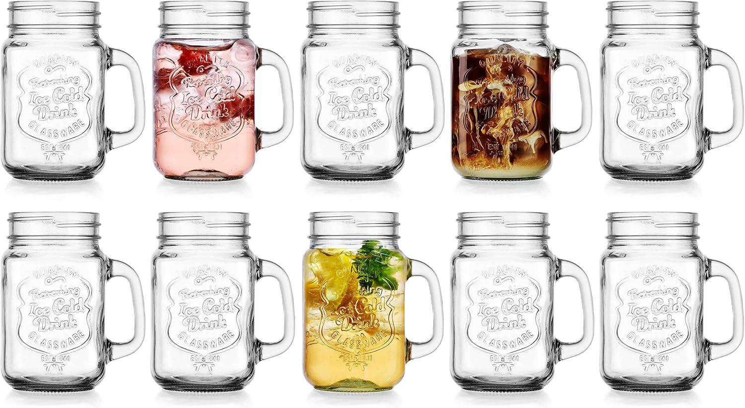 Glaver’s Set of 10 Ice Cold 16 Oz. Mason Drinking Glasses With Handles. Quality Refreshing Ice Cold Embossed Logo Jars for Beverages, Cocktails, Shakes, Smoothies, Sodas, Juice.