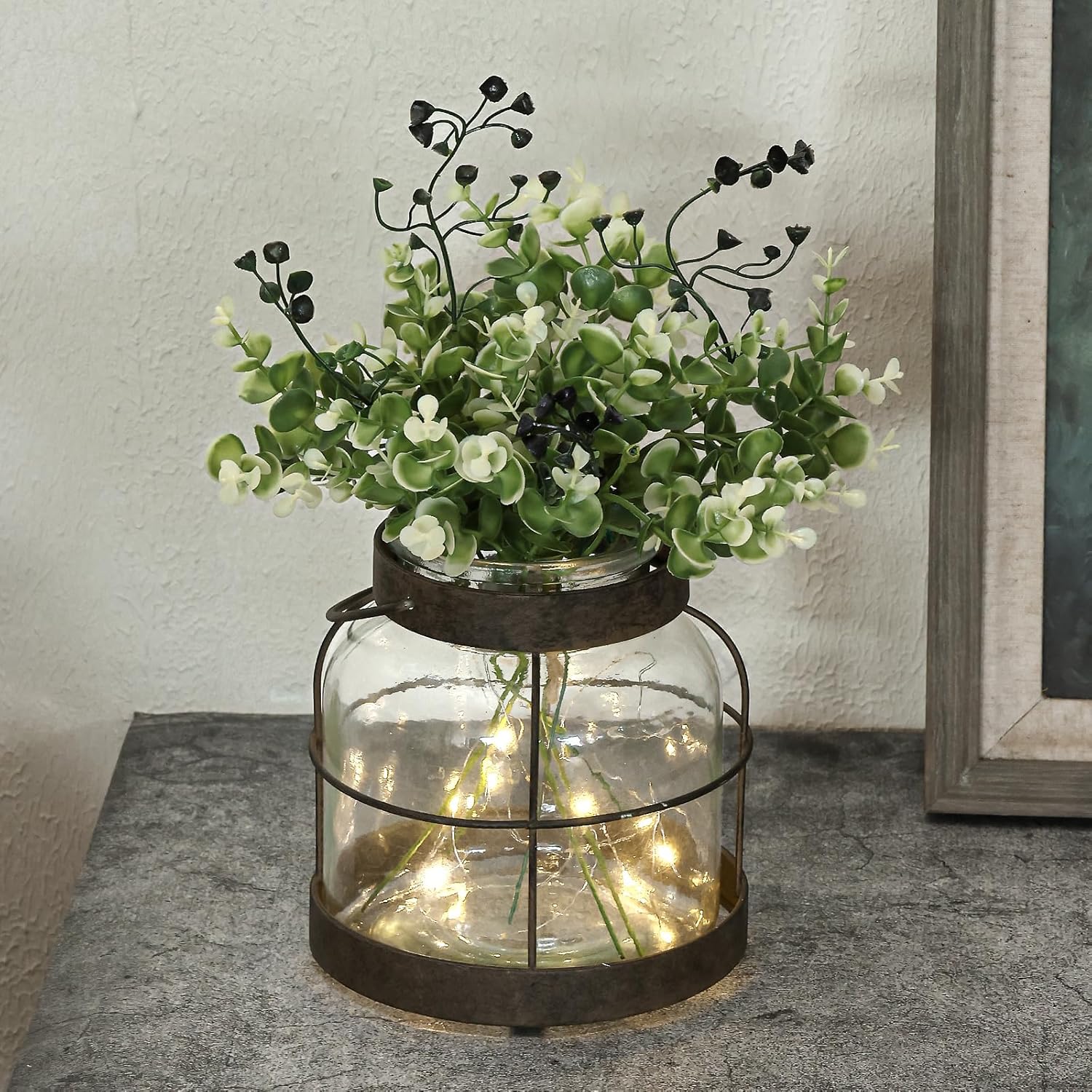 Vintage Glass Farmhouse Vase, Rustic Lantern Decor with Plants Flowers Lights Vintage Style Vases for Home Decor Floral Arrangement Hostess Gift