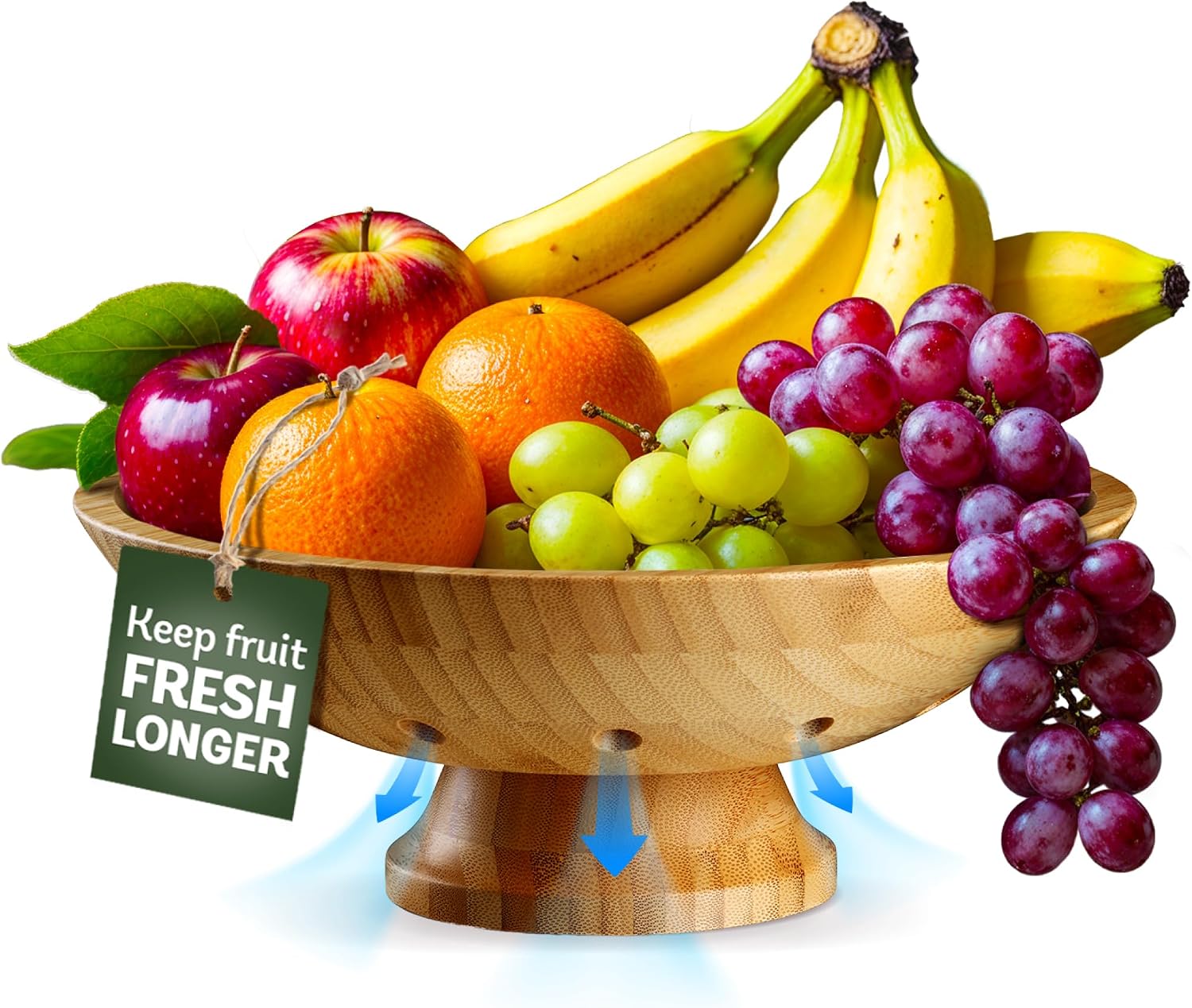 Fruit Basket for Kitchen Counter – Fruit Bowl for Kitchen Counter, Bamboo Pedestal Fruit Basket with Ventilation Holes, Wooden Fruit Bowl for Fruit and Vegetable Storage, Decorative Frutero for Cocina