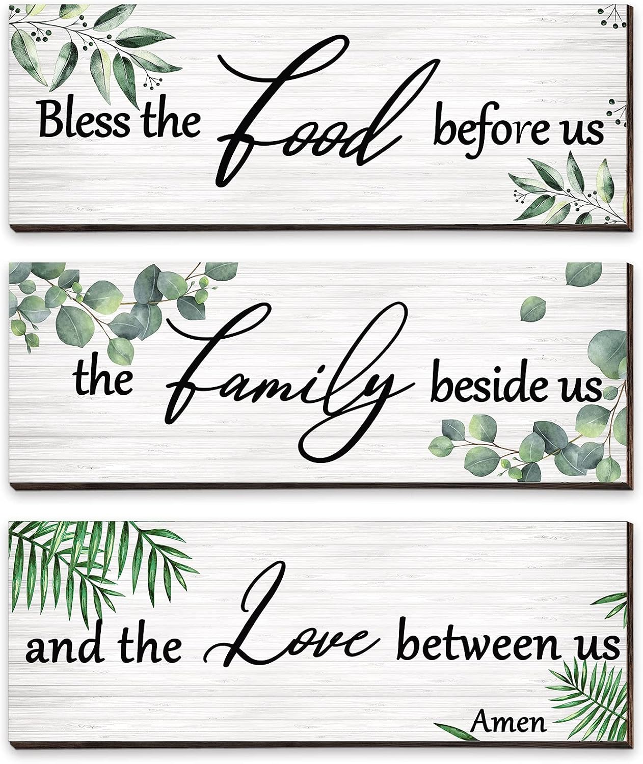 Maitys 3 Pieces Eucalyptus Greenery Wooden Wall Sign Bless Family Food Love Plaque Botanical Leaf Wall Art Green Leaves Rustic Porch Decor Farmhouse Hanging Plaque for Home Kitchen Decor