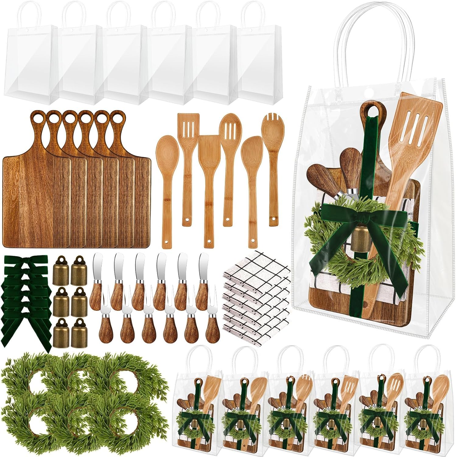 6 Set Christmas Kitchen Utensils Gift Bulk Cheese Charcuterie Board Kit Knife Set Holiday Wreath for Christmas Kitchen Holiday Gift Party Decor Xmas Party Decor Friends Family Lover Presents