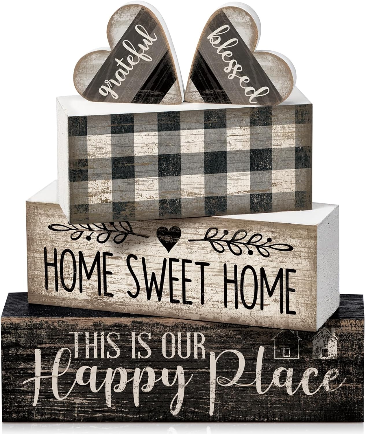 Moucuny 4 Pcs Farmhouse Decor Black and White Farmhouse Tiered Tray Decorations Home Sweet Home Table Centerpiece Wooden Blessed Heart Rustic Checked Kitchen Decor and Accessories Block Sign for Shelf
