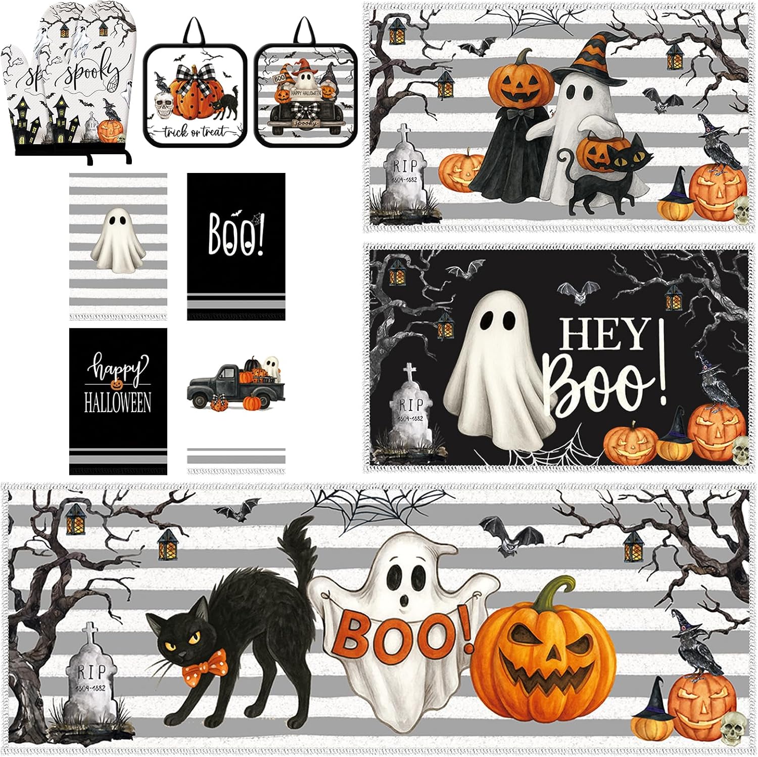 Teenyyou 11 Pcs Halloween Kitchen Mats Oven Mitts Towels and Pot Holders Set Hey Boo Rugs Ghost Kitchen Towels Pot Holders Pumpkin Oven Mitts for Halloween Home Cooking Decor Party Gift