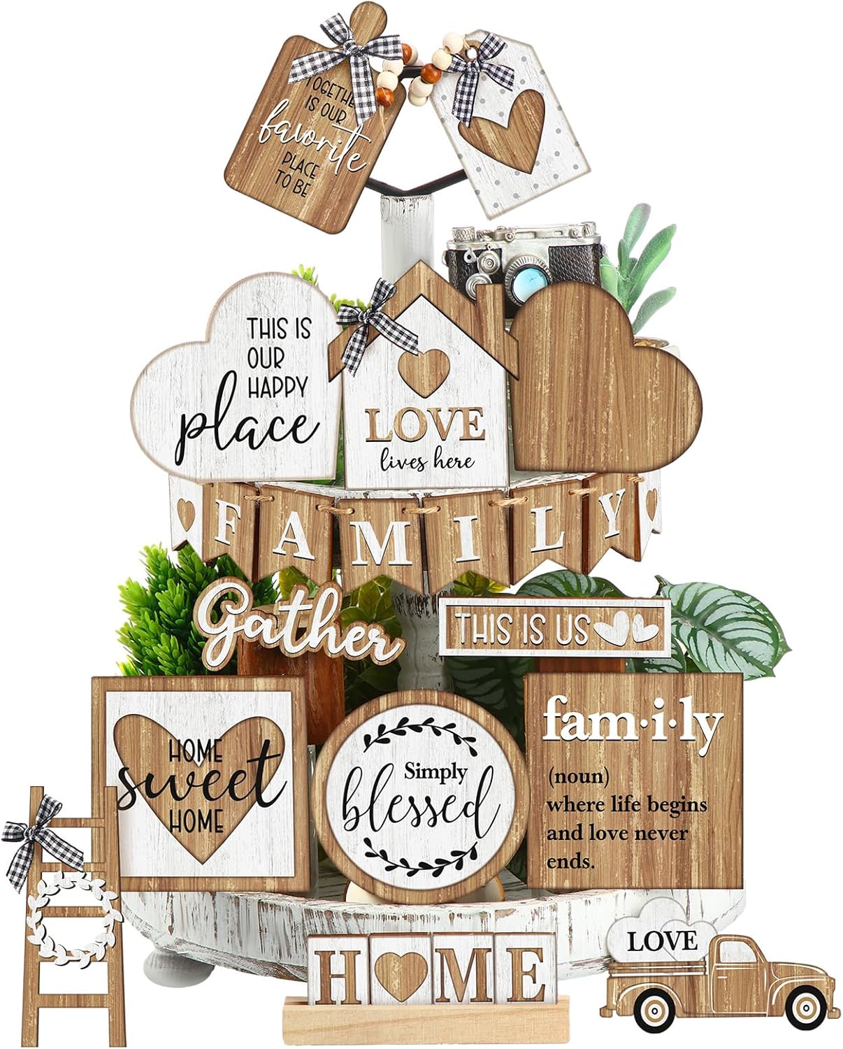 Yaomiao 21 Pcs Farmhouse Tiered Tray Decor Set Rustic Farmhouse Wood Decor Sign Vintage Rustic Family Gather Blessed Tiered Tray This is Our Happy Place Tabletop Sign for Home Kitchen Table Shelf