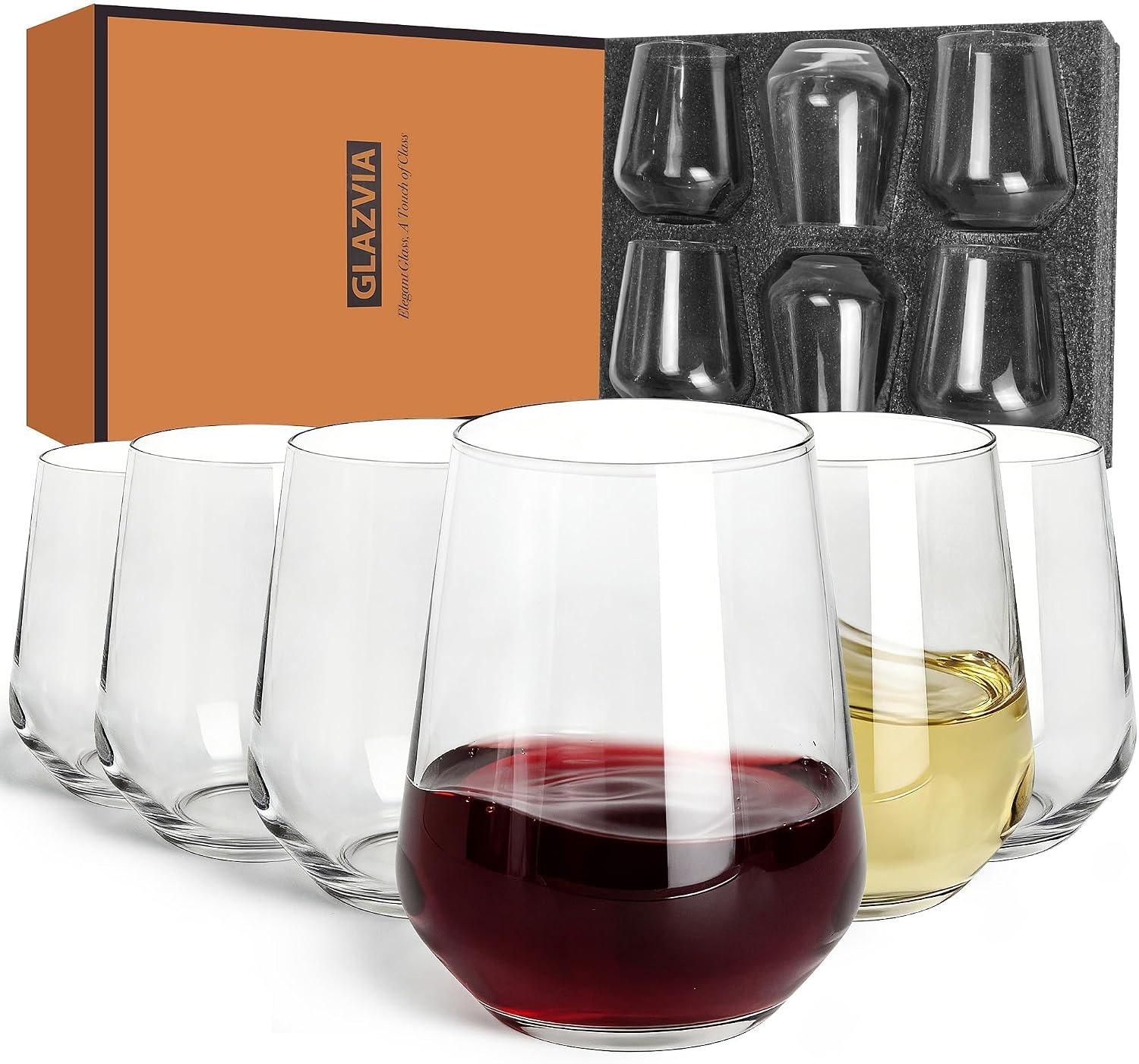 Stemless Wine Glasses Set of 6, 15oz Clear Drinking Glassware Dishwasher Safe, Wine Glass Tumblers for Red or White, Gift for Party, Holiday, Anniversary, Restaurant, Home Bar, Daily Use