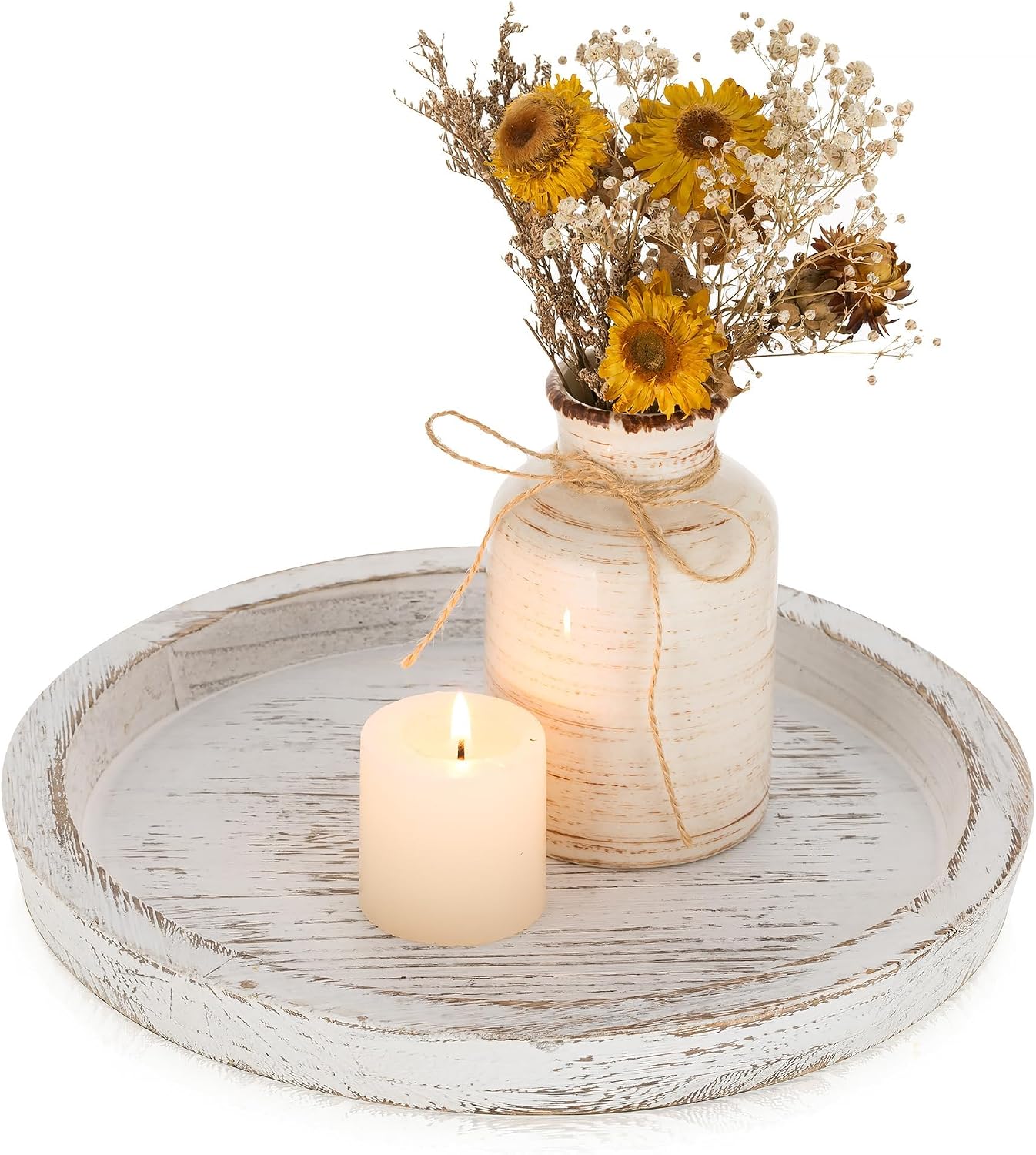 Romadedi Rustic Wooden Tray Candle Holder – Round Wood Decorative Pillar Candle Tray for Coffee Table Farmhouse Kitchen Countertop Organizer Home Decor Wedding Centerpiece, Distressed White