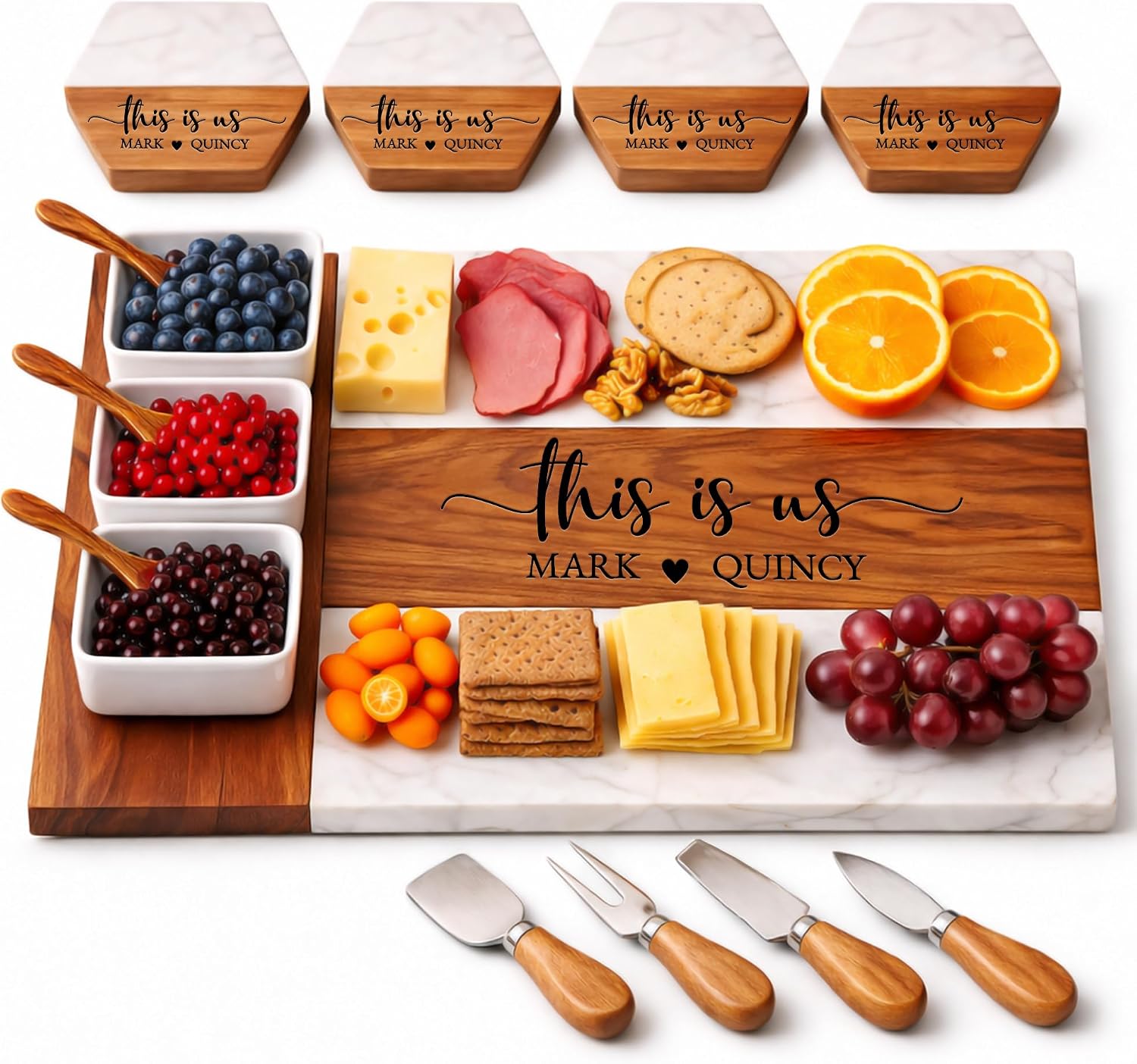 Personalized Charcuterie Board Set – Custom Engraved Wooden Marble Cheese Board with Knife Set – Best Wedding Gift for Couples, Bridal Shower, Engagement, Anniversary, Housewarming & Gift for Parents