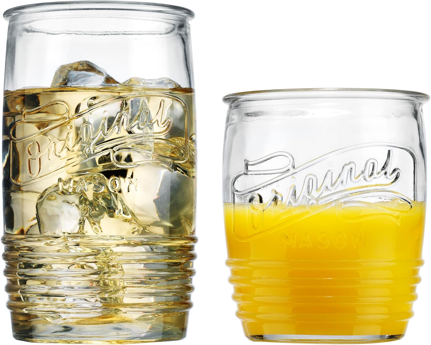 Glaver’s Original Mason Set of 8 Drinking Glasses 4-20 Oz Highball Glasses, and 4-13 Oz Whiskey Glass Cups For Everyday Home Use Water, Beer, Juice, Cocktail.
