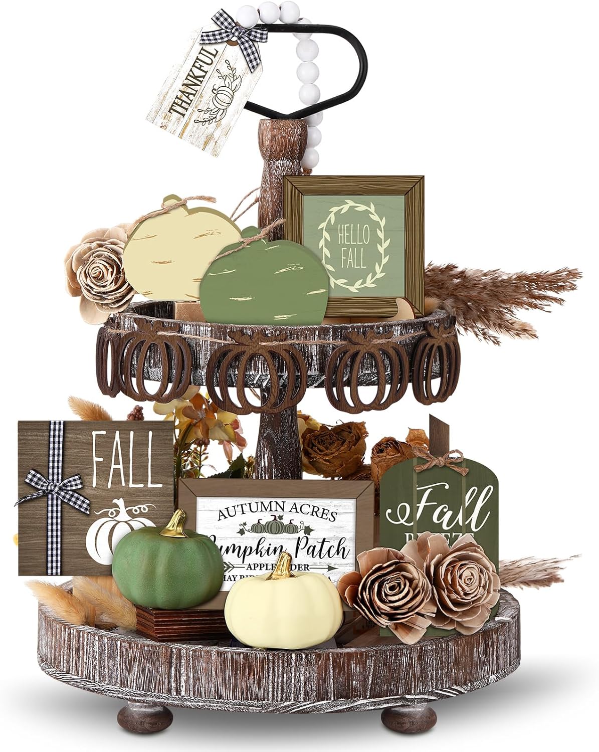 Reallnaive 18 Pcs Fall Thanksgiving Tiered Tray Decor Set Pumpkin Buffalo Plaid Wood Sign Hello Fall Rustic Farmhouse Neutral Tray Decoration Tabletop Sign for Autumn Home Kitchen Festival(Sage Green)