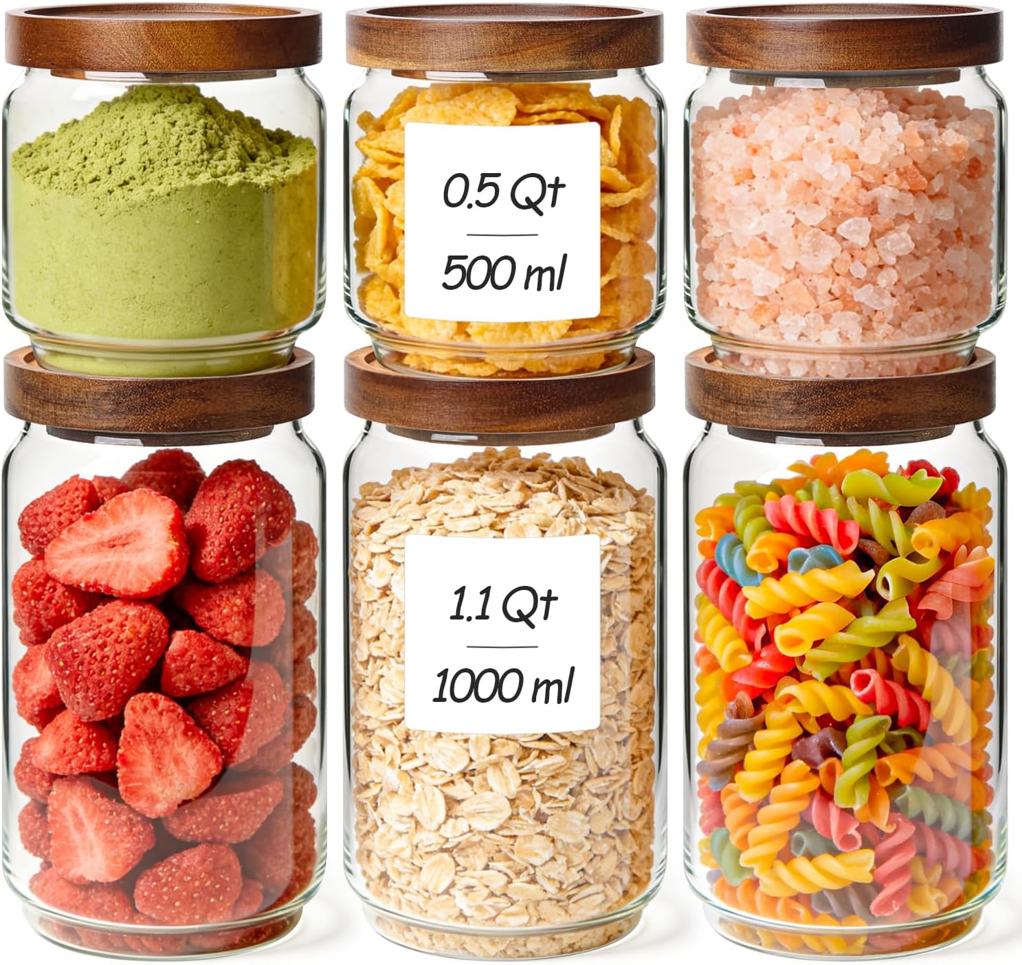 ComSaf 6PCS (1.1Qt/0.5Qt) Glass Pantry Storage Container with Acacia Wood Lid, Airtight Glass Canister with Stacked Design for Orderly Organizing, Glass Jar Organizing Dry Goods in Pantry & Cabinet