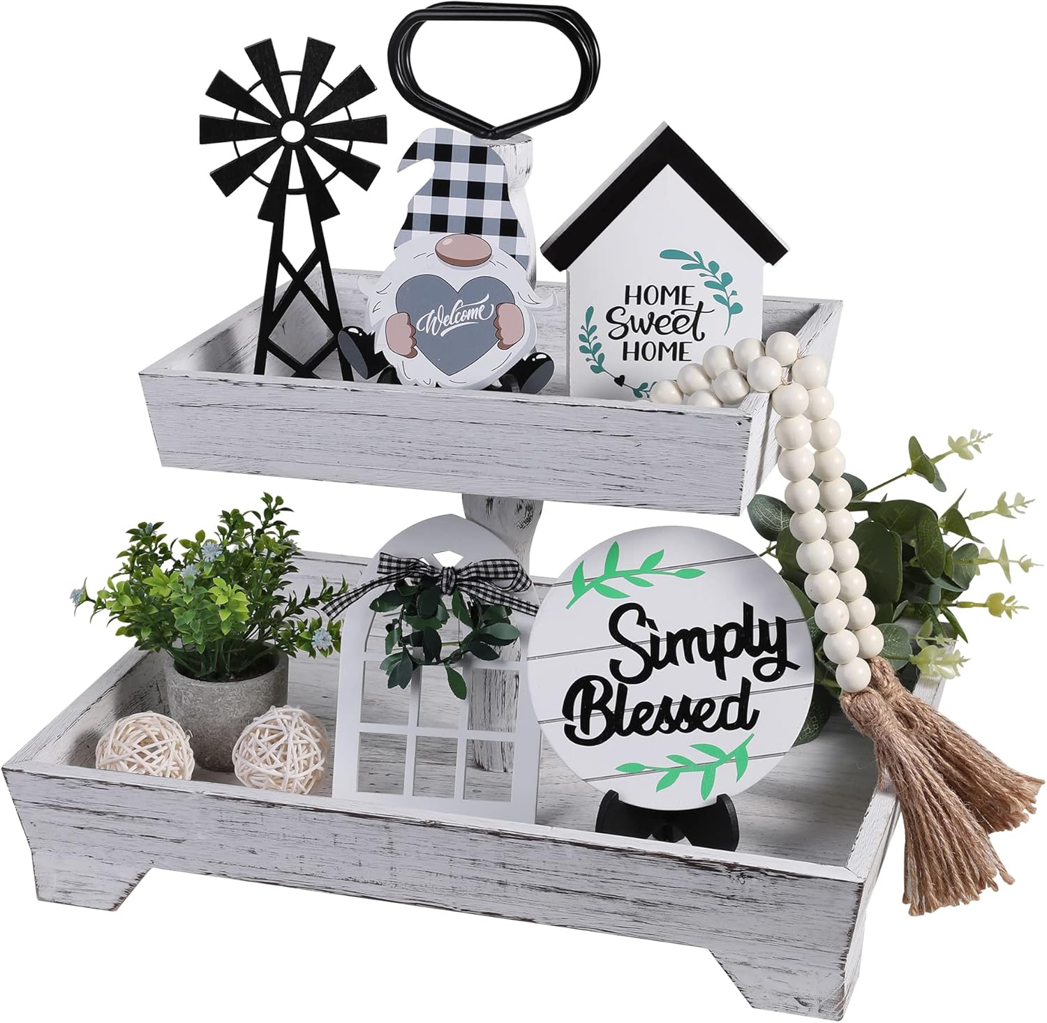 Eufrozy 11pcs Farmhouse Tiered Tray Decor Set, Rustic Tier Tray Decorations with Black and White Buffalo Plaid Gnome Ornaments Wooden Home Sweet Home Sign for Kitchen Table Decor Summer Housewarming