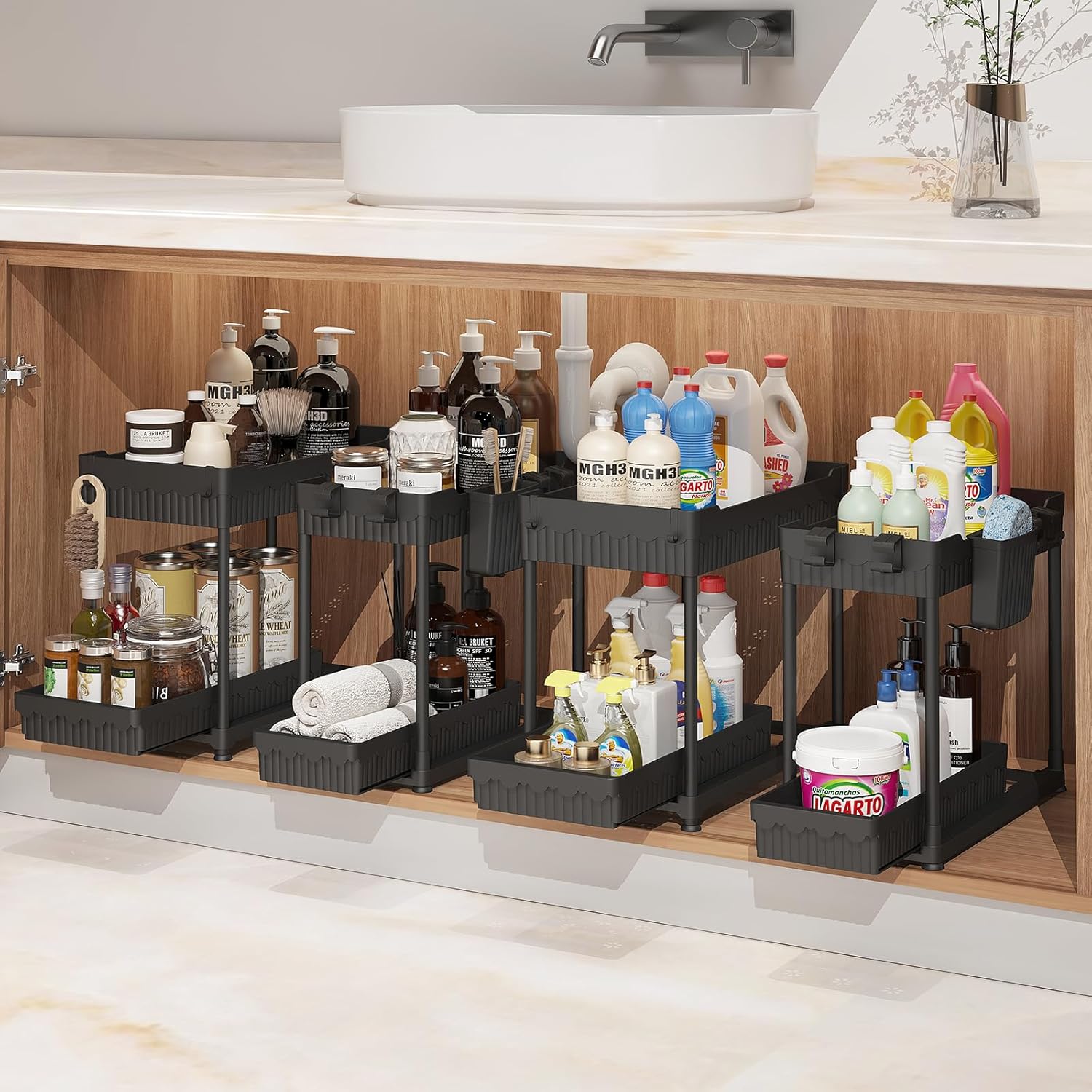 Sevenblue 4 Pack Under Sink Organizer, Bathroom Organizers and Storage, 2 Tier Multi-Use Pull Out Cabinet Organizer with Hang Hooks and Cups (Black, 4 Pack) | Multi-use kitchen & bathroom storage. Includes hanging hooks and cups. Black, space-saving cabinet design.