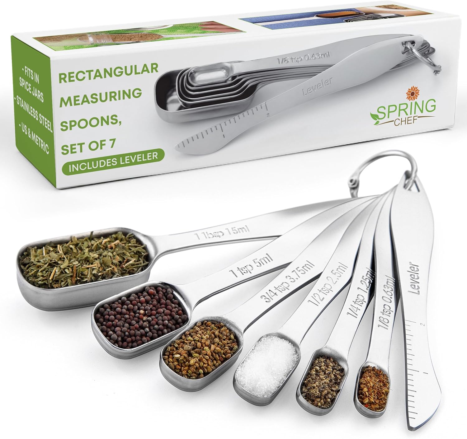 Spring Chef Stainless Steel Measuring Spoons Set of 7 with Leveler, Rectangular Metal Teaspoon & Tablespoon Measuring Spoons for Dry & Liquid Ingredients – Nesting Kitchen Gadgets For Baking & Cooking