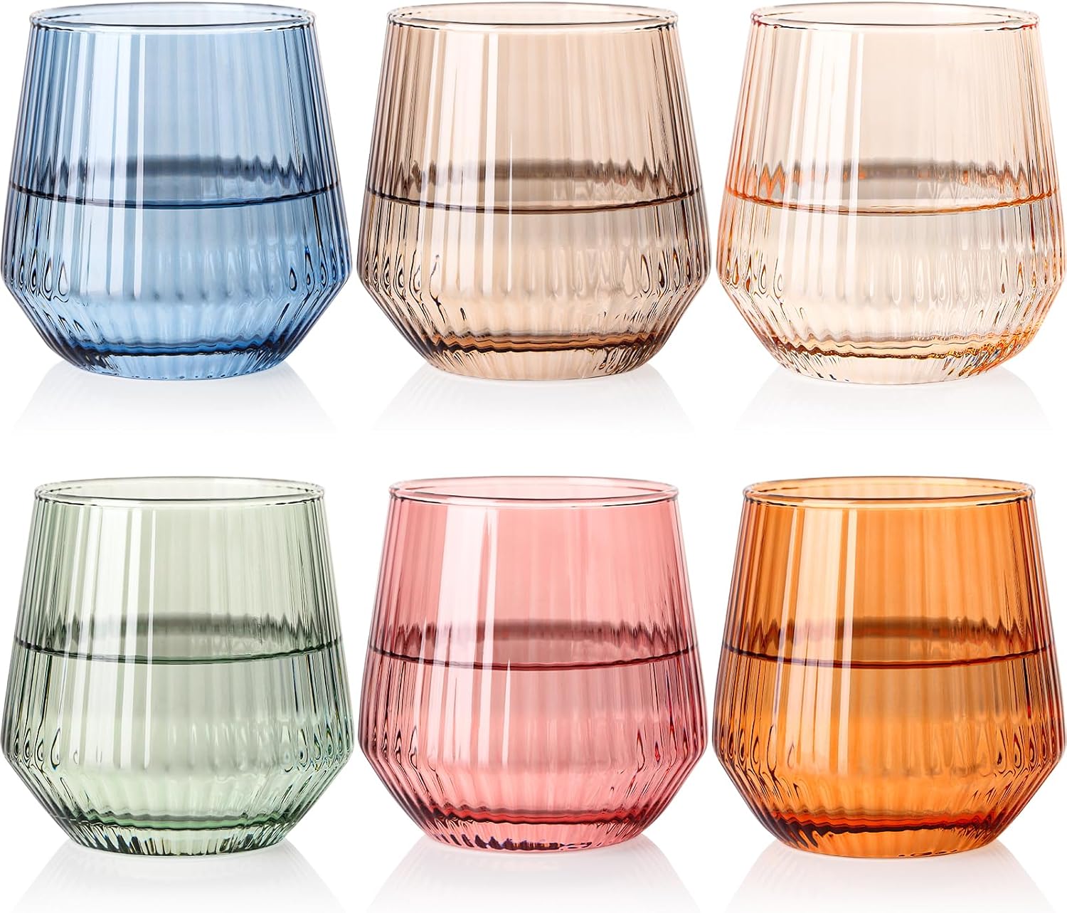 Colored Stemless Wine Glasses Set of 6, 12.5 Oz Lead-Free Ribbed Drinking Glass Cup for Wine, Cocktails, Champagne and Whiskey, Ideal Gifts for Weddings, Bars, Christmas, Halloween,Party, Daily Use