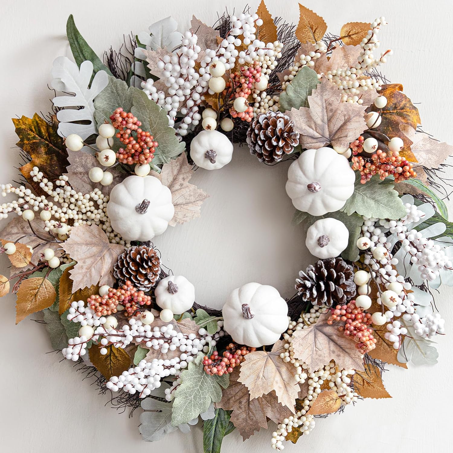 Fall Decor – Fall Decorations for Home – 18 Inch Autumn Maple Leaf Pumpkin Pine Cone Berry Wreath – Fall Wreath for Thanksgiving Halloween Farmhouse Harvest Front Door Outdoor Indoor Window Wall