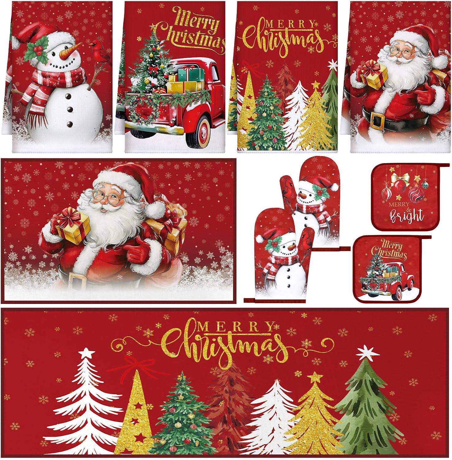 Fourluoo 10 Pcs Christmas Kitchen Decor Set Christmas Oven Mitts and Pot Holders Set Xmas Kitchen Dish Towels Santa Rugs and Mats for Chef Baking Cooking Grilling BBQ Women Mom Gift