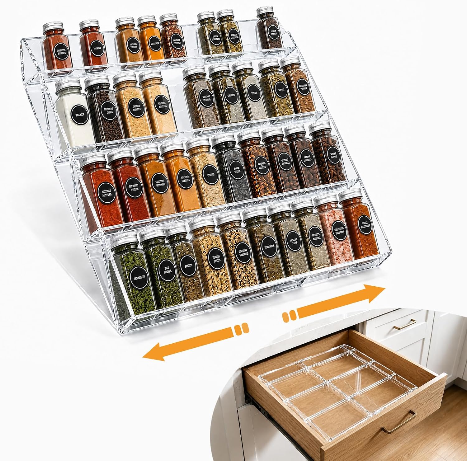 Spice Drawer Organizer,4 Tier Clear Acrylic Spice Rack for Drawer | Expandable 12″ to 23″, Seasoning Organizer Tray for Kitchen Drawer,Keep Spice Labels Visible and Easy to Grab,Organizer Only