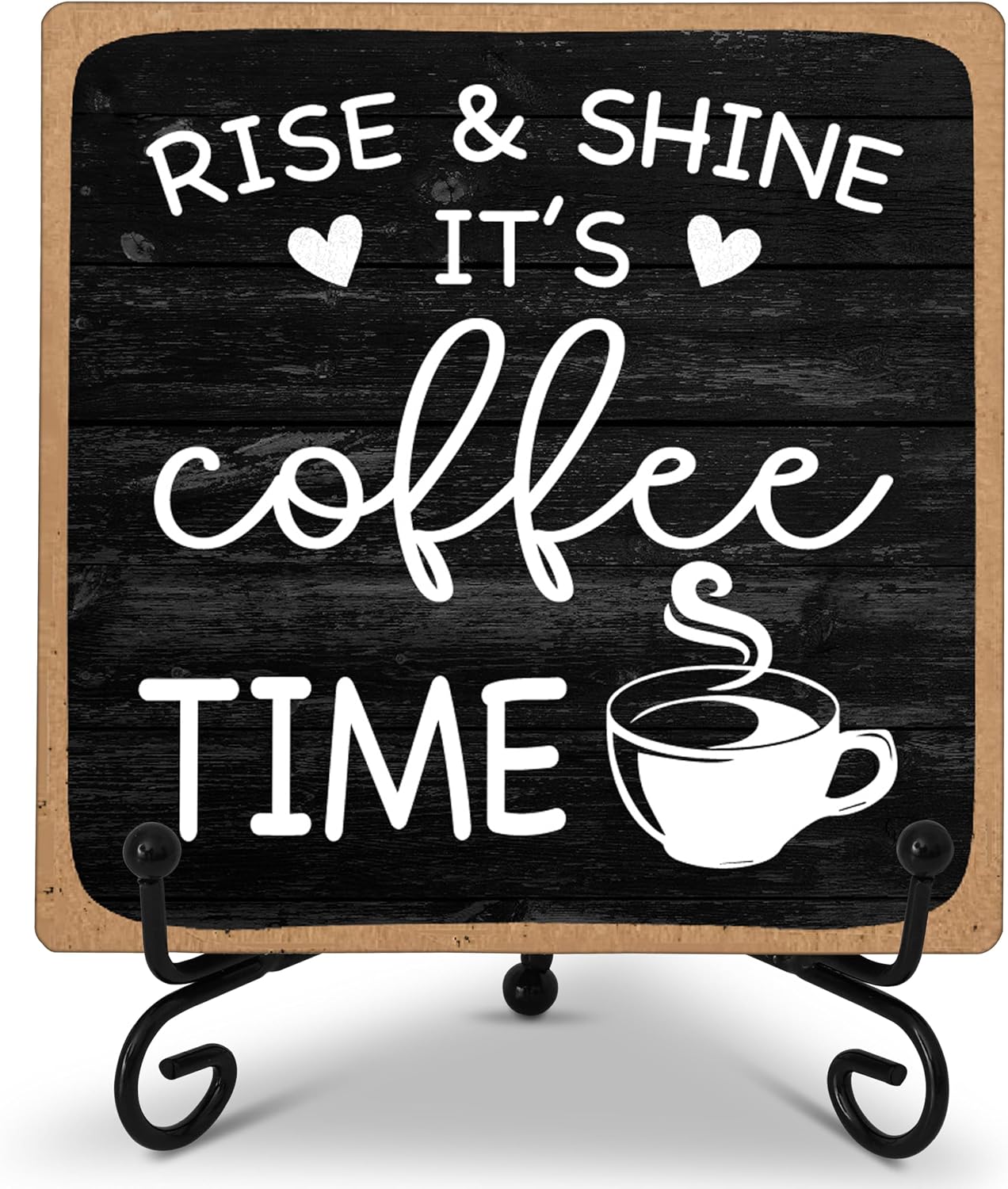 Farmhouse Coffee Bar Sign, Rise & Shine It’s Coffee Time, 5″x5″ Wood Plaque with Stand Gift for Home Kitchen Tabletop Decor -B09
