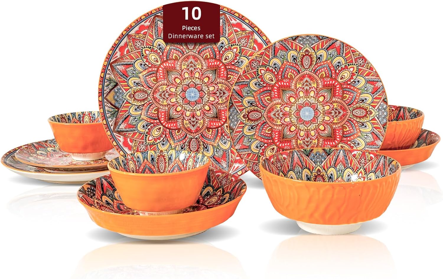 Boho 10 Pieces Dinnerware Sets, Plates and Bowls Set, Porcelain Dishes Set for 2, Microwave and Dishwasher Safe, Scratch Resistant, Bohemian Style Dining Ware, Orange