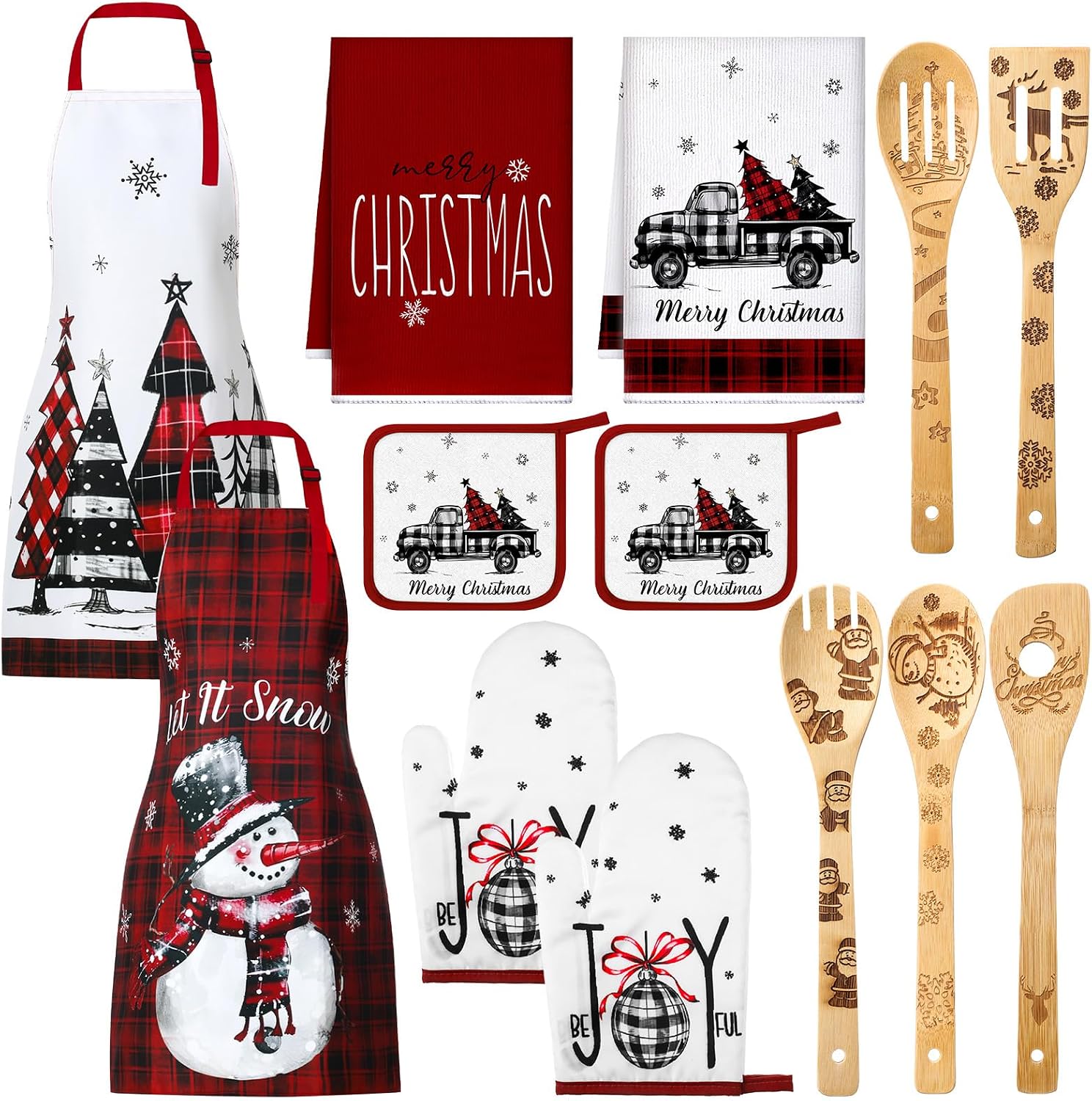 Bencailor 13 Pcs Christmas Kitchen Sets Christmas Aprons Oven Mitts and Pot Holders Dish Towels Wooden Spoons for Xmas Gifts(Red White,Tree)