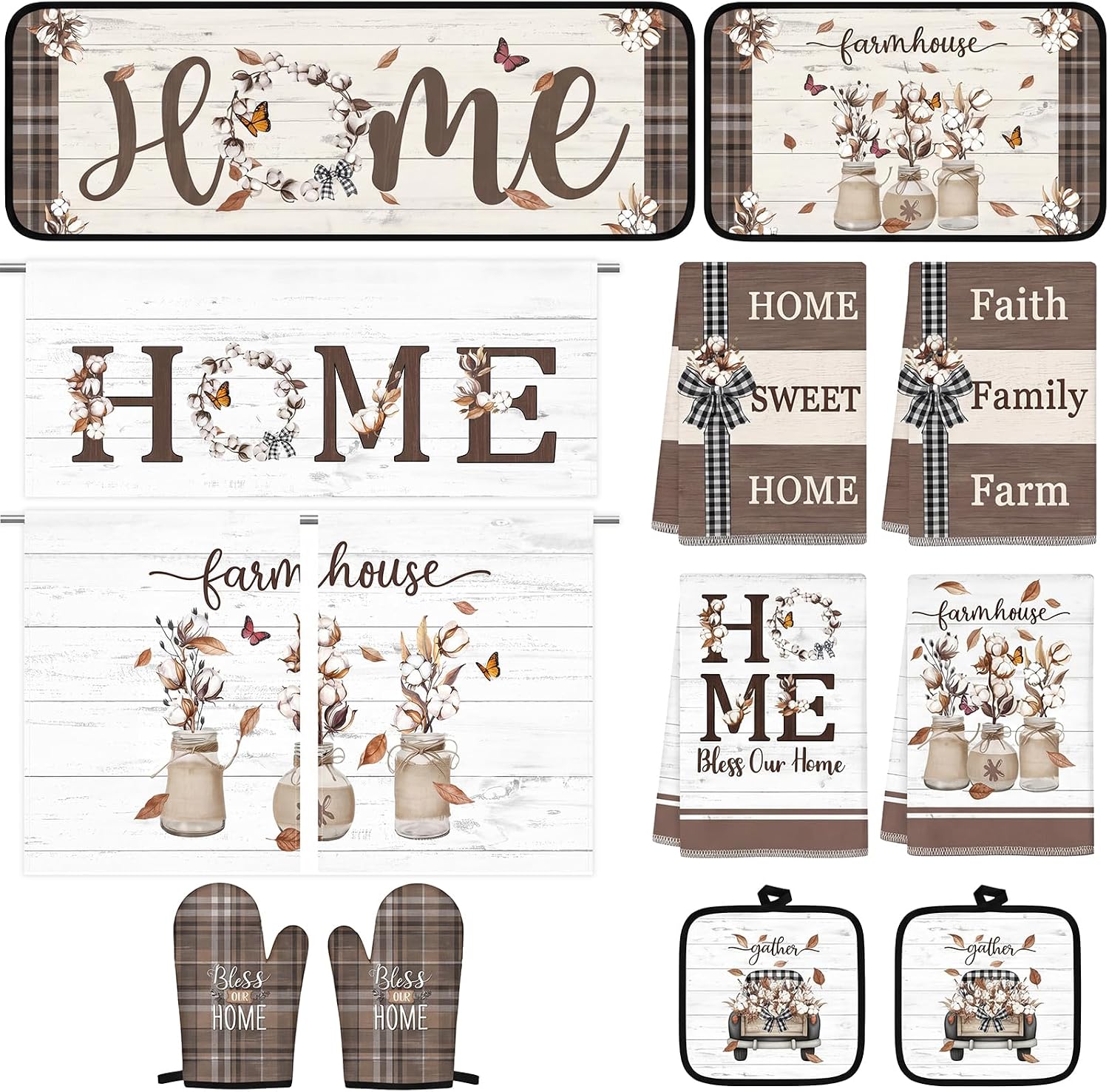 Britimes Farmhouse Brown Kitchen Decor Sets Floral Truck Rustic Kitchen Sets for Housewarming Home Decorations Includes Valance Curtains Towels Rugs Oven Mitts Pot Holders Kitchen Accessories Set