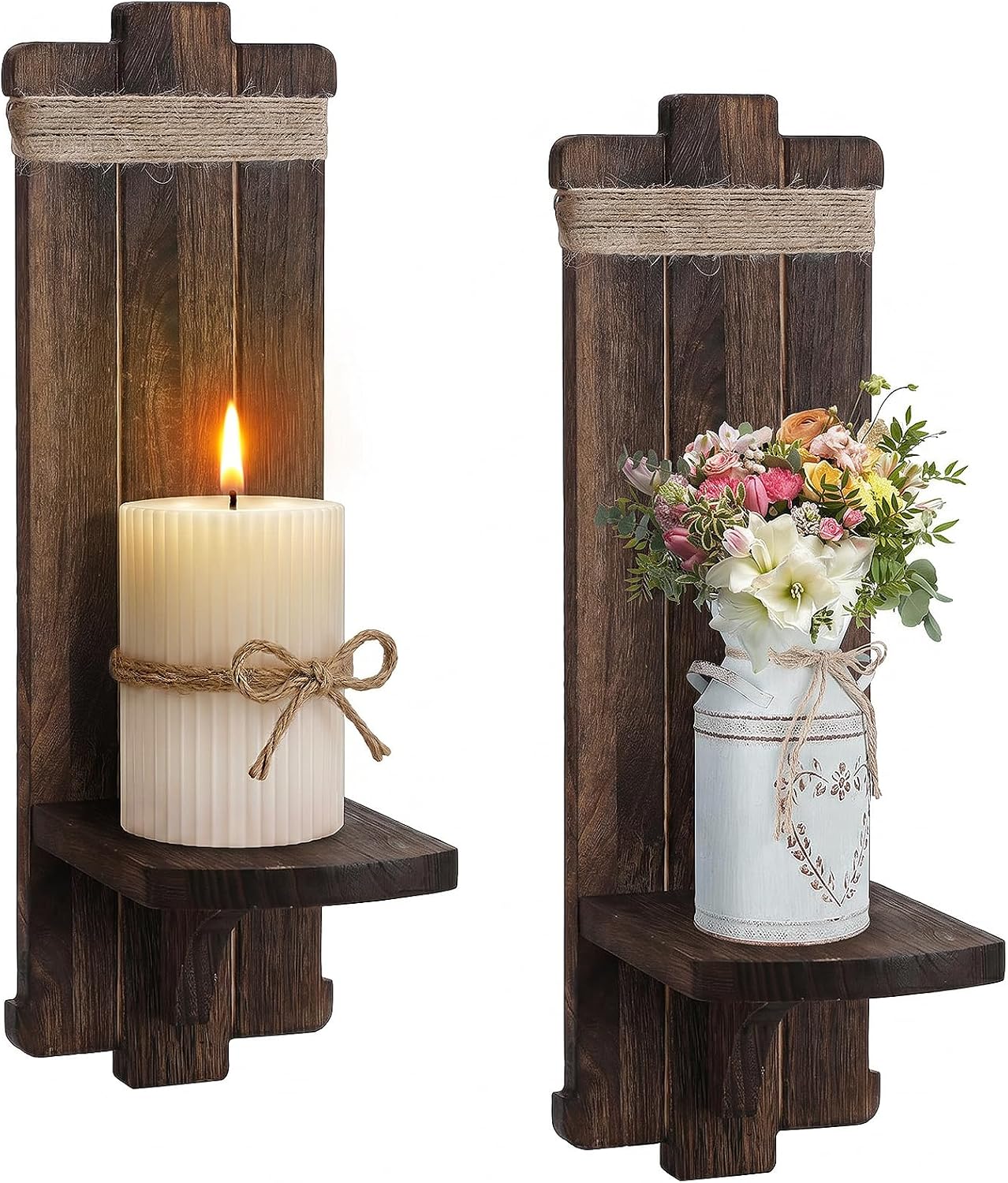 Alphatool Handmade Wooden Candle Sconces Set of 2 Farmhouse Wall Decor | Vintage Bedroom Livingroom Home Hanging Art Decorations Accessories Gifts, Brown