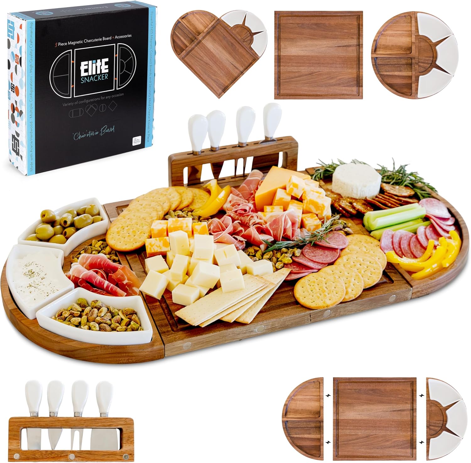 Large Wooden Charcuterie Board Set (Oil Finish) – 3-Piece Magnetic Long Serving Board Tray with Charcuterie Accessories – Acacia Wood Cheese Platter with Cheese Knife Set & Ceramic Dishes – Brown