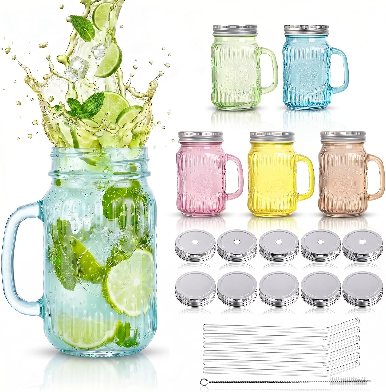 DaYammi 16 oz Mason Jars with Lids and Straws, 6 Pack Colorful Vintage Drinking Glasses, Leak Proof Iced Coffee Cups for Daily Use & Party