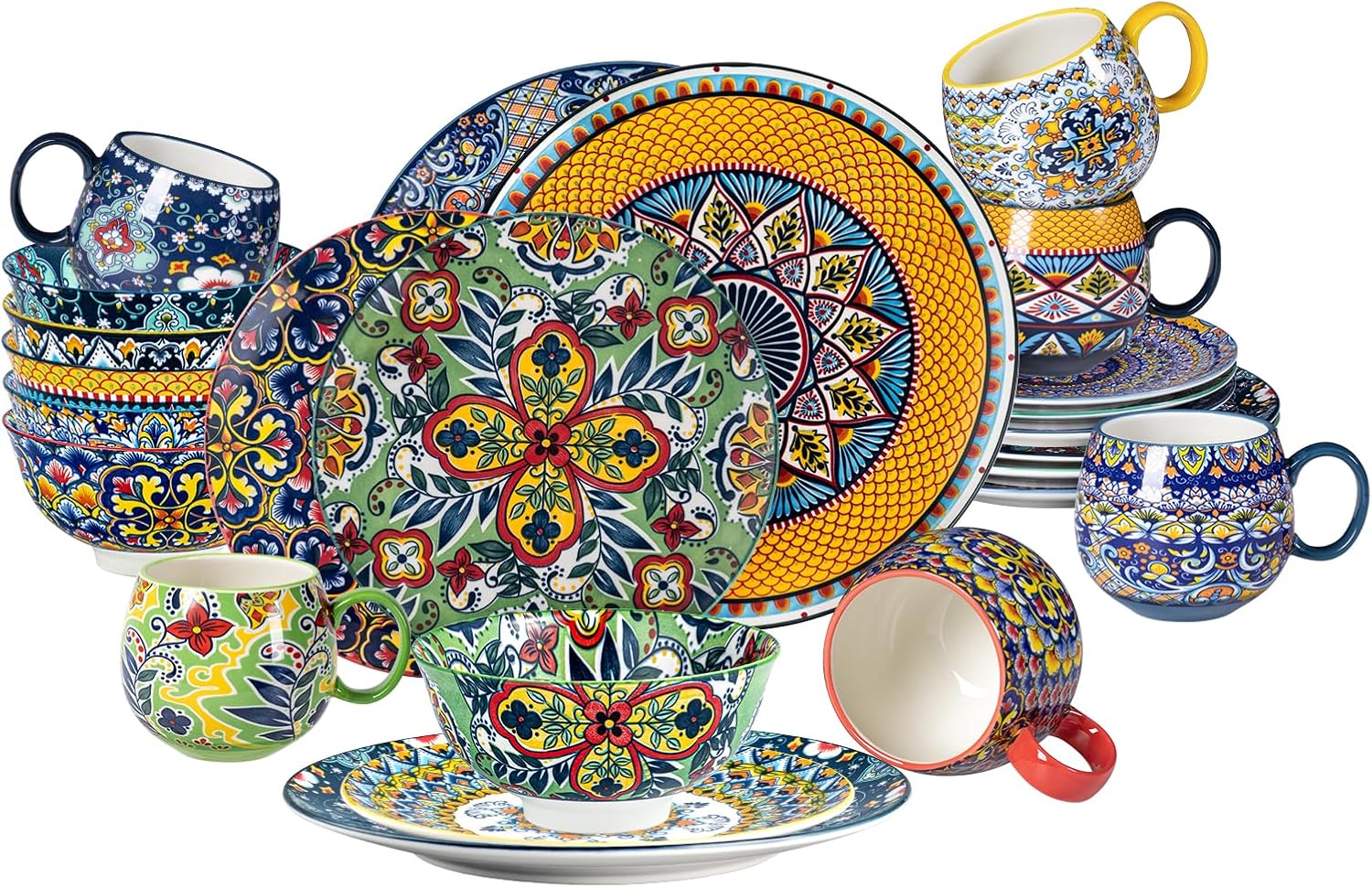 Boho Ceramic Dinnerware Set for 6 – 20oz Mugs, 24oz Bowls, 10.5” Dinner Plates & 8.5” Salad Plates – Microwave, Oven & Dishwasher Safe, Porcelain Tableware