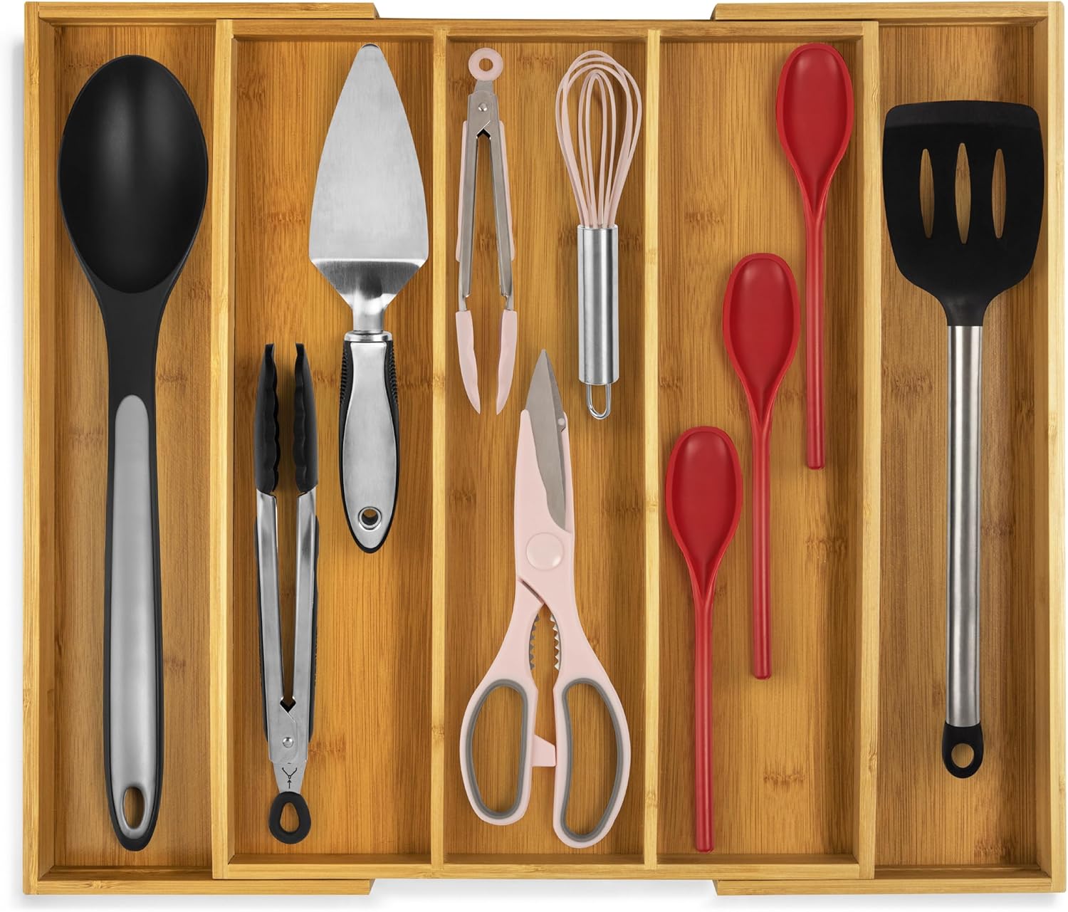 Purawood Kitchen Drawer Organizer – Expandable Utensil Drawer Organizer for Kitchen, Cutlery Tray & Silverware Organizer, 3-5 Slots – Bamboo Organizer for Utensils & Flatware (Natural)
