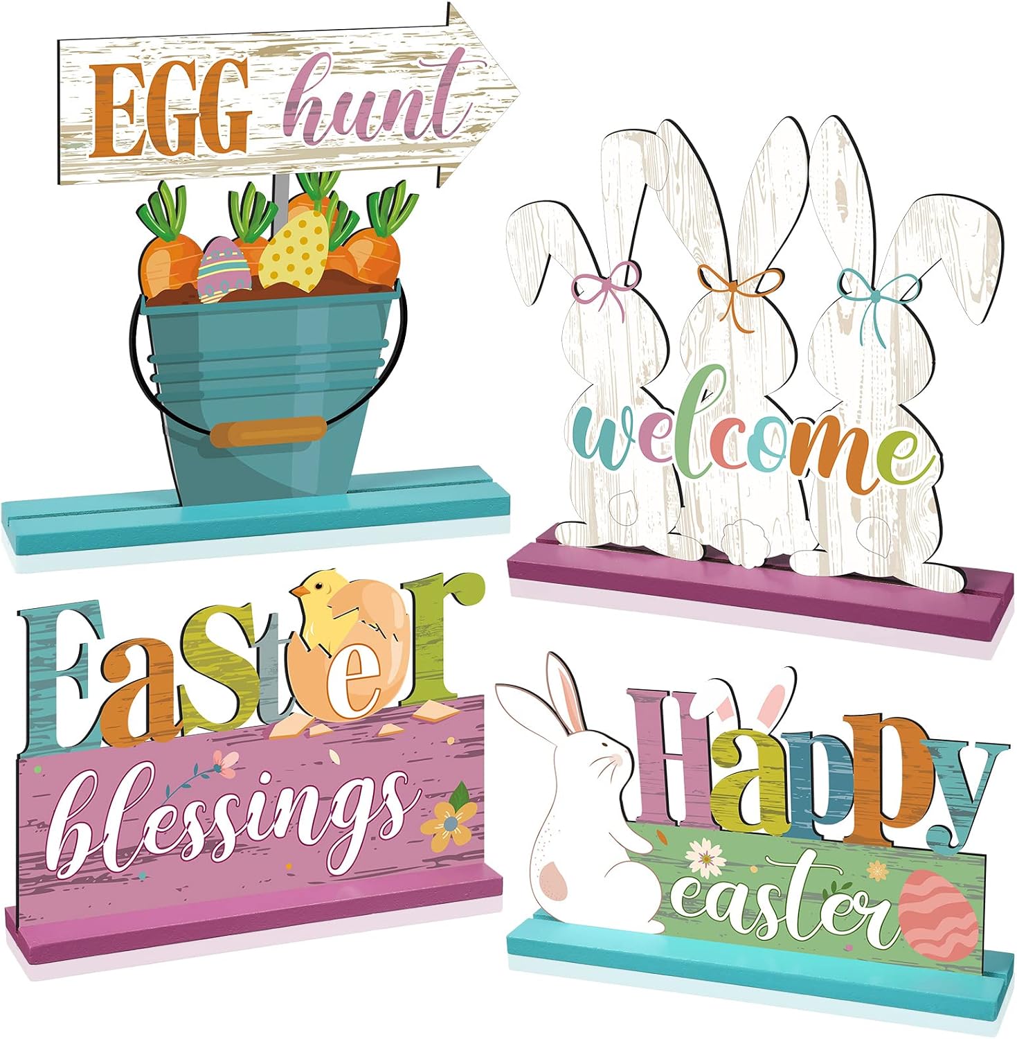 Happy Easter Table Decor Rustic Rabbit Egg Easter Table Centerpiece Vintage Bunny Egg Wood Sign Spring Rabbit Table Decor for Easter Table Party Living Room Kitchen Office Bar Decor (Bunny, 4 Pieces)