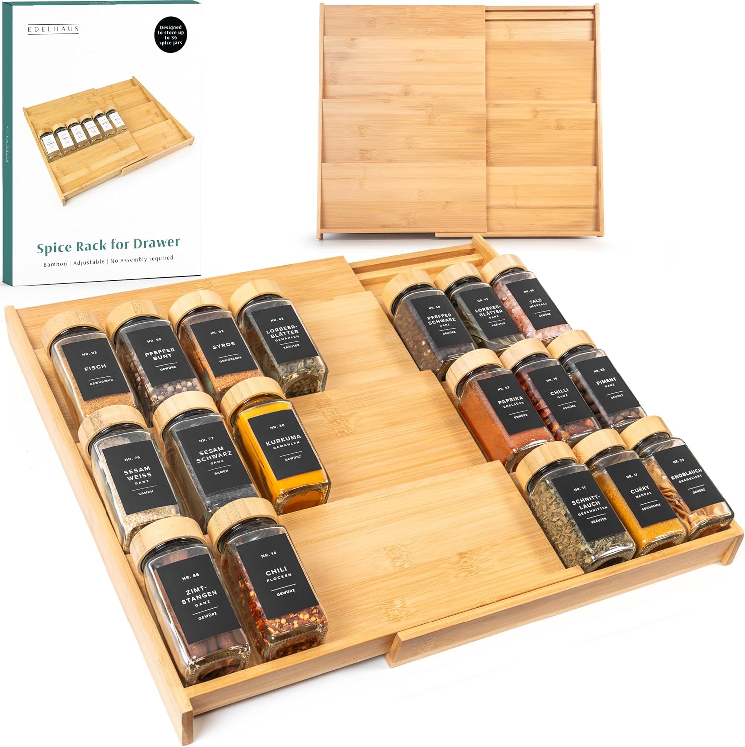 EDELHAUS Bamboo Spice Drawer Organizer – Expandable 4 Tier Spice Rack (Need 3″ Deep Drawer) 12″ to 24″ Wide, Seasoning Organizer, Organization Seasoning Rack insert (Jars Not Included)