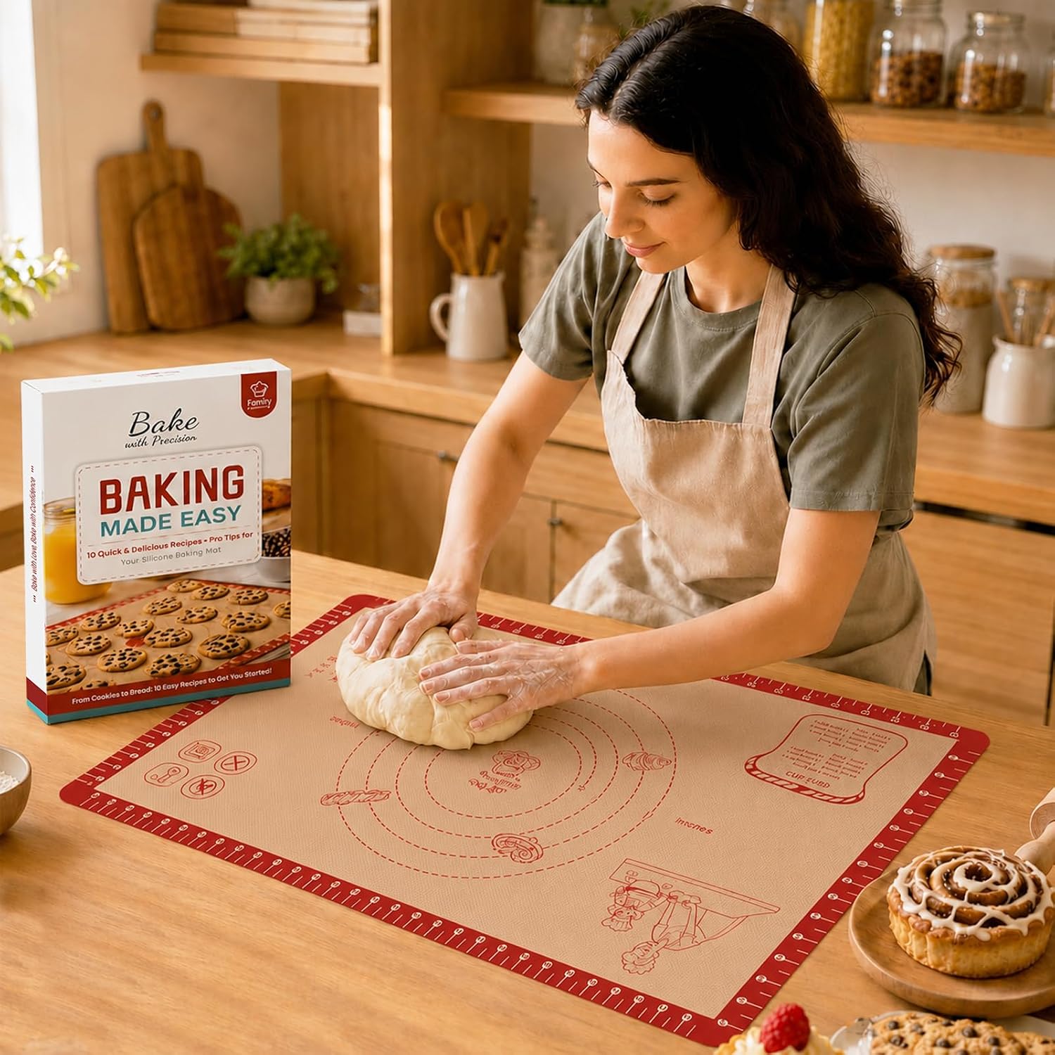 Silicone Baking Mat with 10 Recipes, Extra Thick Silicone Mats for Baking, Non Stick Pastry Mat for Rolling Dough, Silicone Macaron Baking Mat for Cookie,Bread,Pizza,Fondant Mat, Oven&Dishwasher Safe