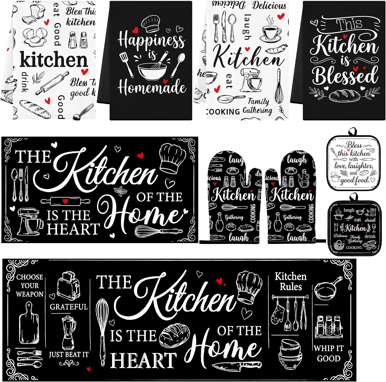 Black and White Kitchen Decor Set 10 Piece – Chalkboard Art Baking Theme Kitchen Rugs, Oven Mitts, Pot Holders and Towels – Modern Farmhouse Kitchen Rules Accessories