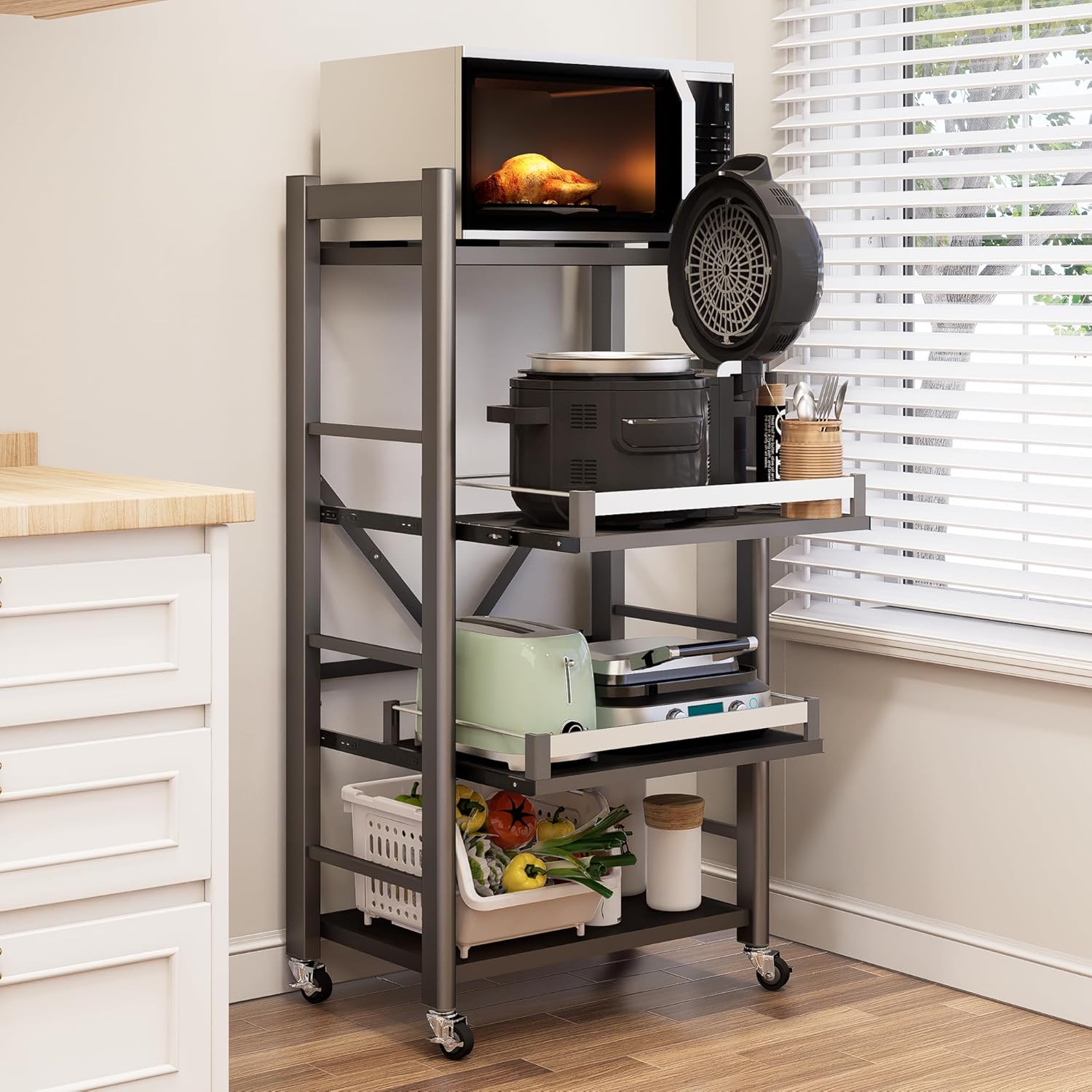 4-Tier Pull Out Kitchen Baker’s Rack with Wheels, Heavy Duty Metal Microwave Stand with Storage, Adjustable Ktichen Shelves Freestanding, Rolling Utility Storage Cart (23.6”W x 49.2”H)