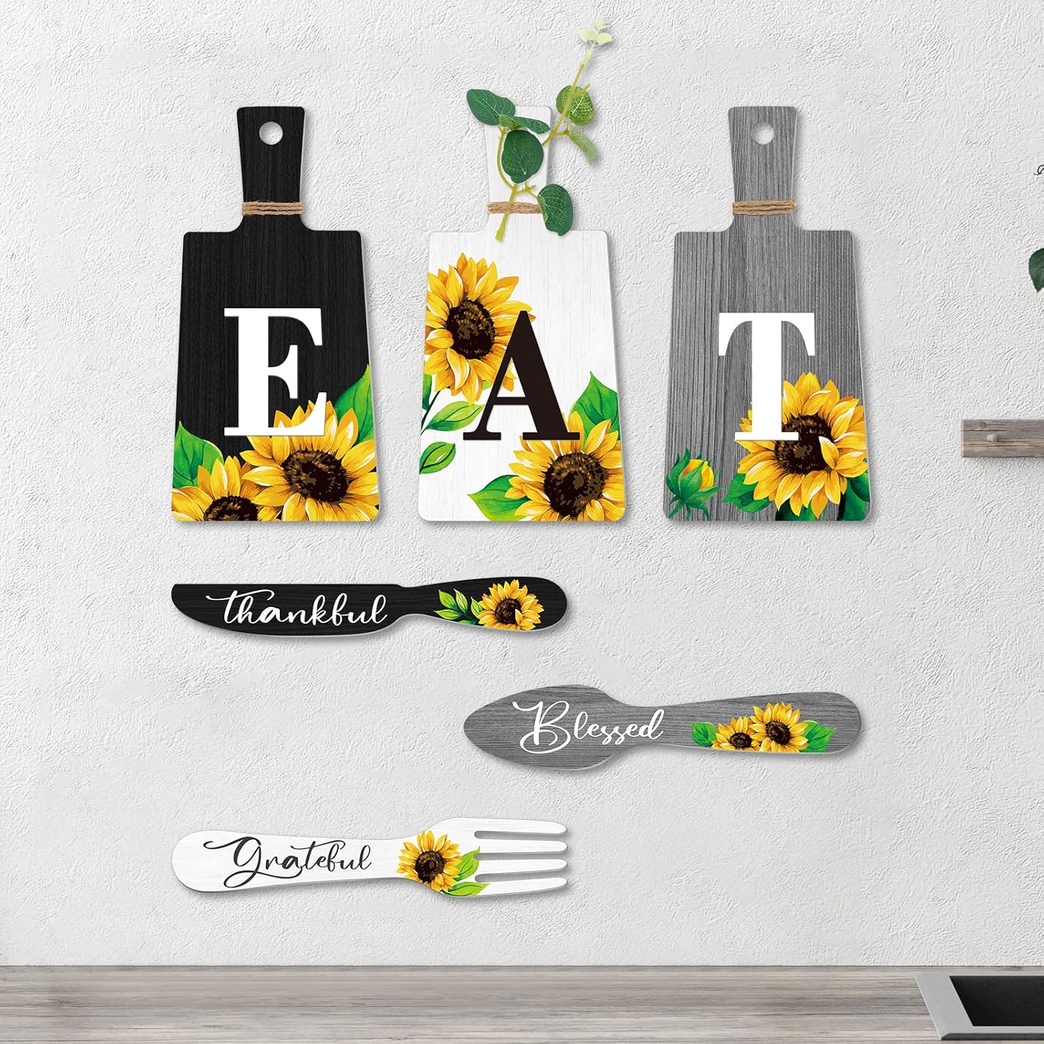 Bucherry Set of 6 Sunflower Kitchen Decor Sets Eat Signs Fork and Spoon Wooden Wall Hanging Plaques Farmhouse Sunflower Kitchen Decor and Accessories