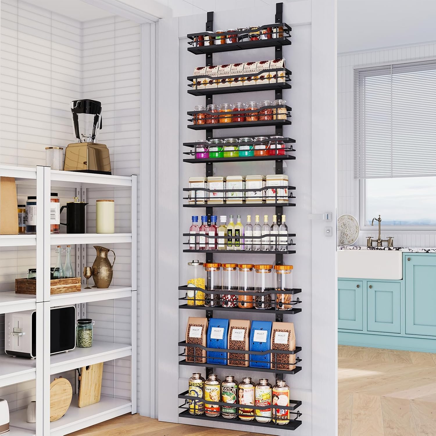 Eastherry Over The Door Pantry Organizer，9-Tier Over The Door Organizer with Adjustable Basket，Metal Hanging Pantry Organizers and Storage for Kitchen, Back of Door Seasoning Rack (Black)
