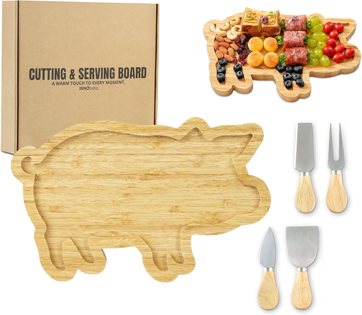 Pig Charcuterie Board, Pig Gifts for Women, 12.51 * 7.99 * 0.78 inches Cheeses Charcuterie Wood Cutting/Serving Board Set with 4 Matching Spreaders for Housewarming Thanksgiving Christmas